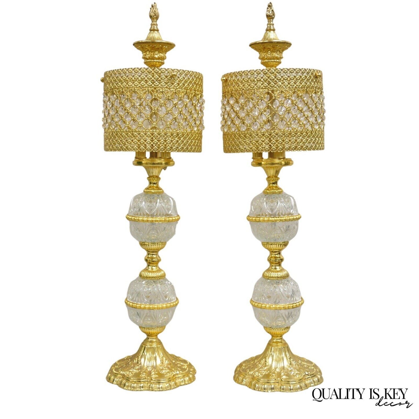 Vintage Italian Hollywoood Regency Gold Glass & Crystal Table Lamps - a Pair