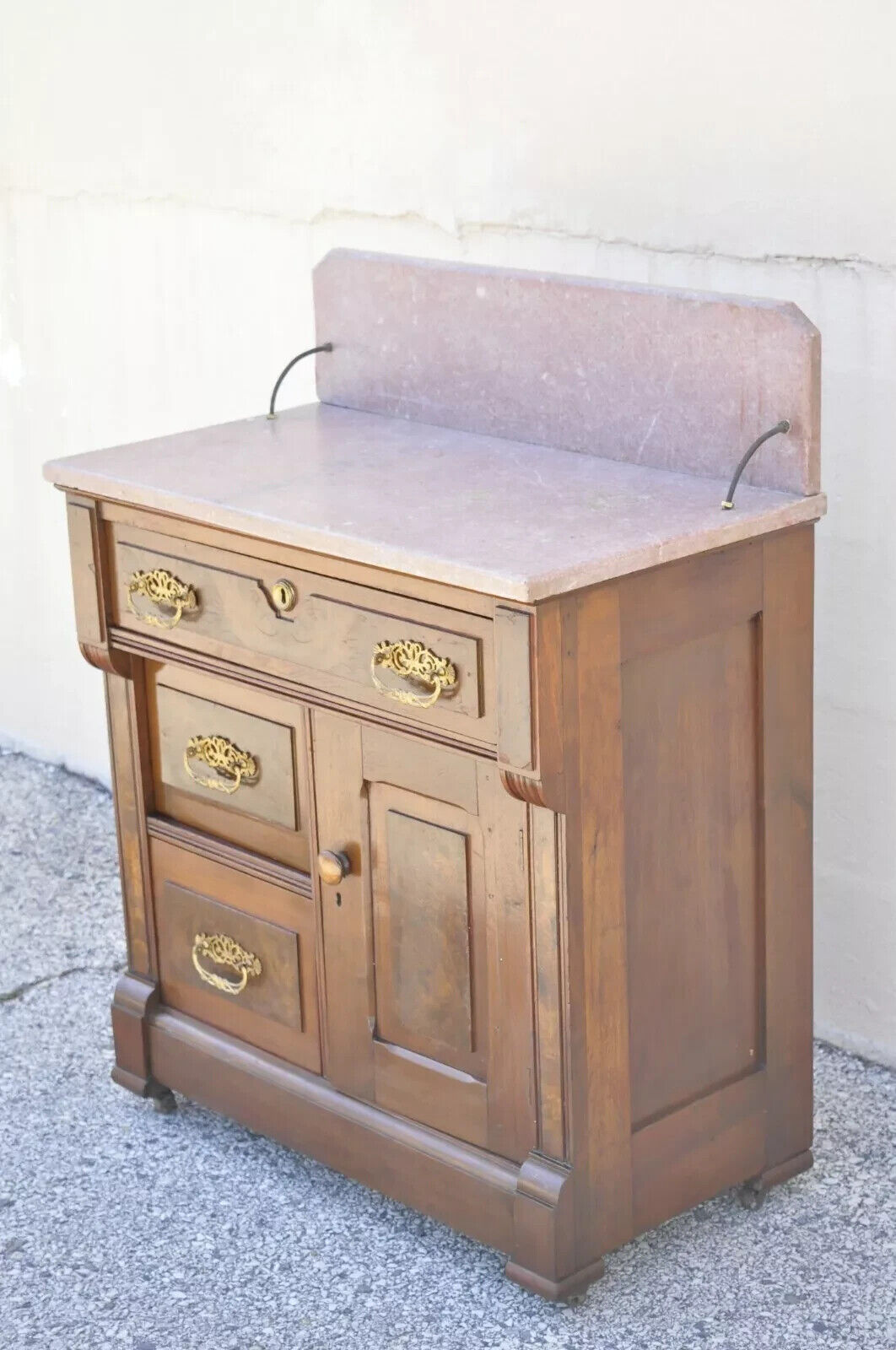 Antique Eastlake Victorian Walnut Washstand Commode with Marble Top Backsplash