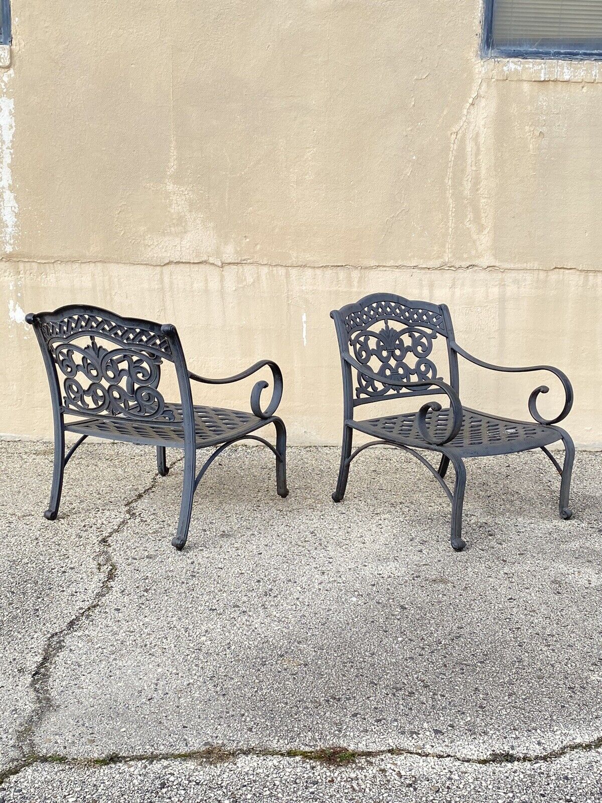 Cast Aluminum Mediterranean Tuscan Scrolling Garden Patio Club Chairs - a Pair