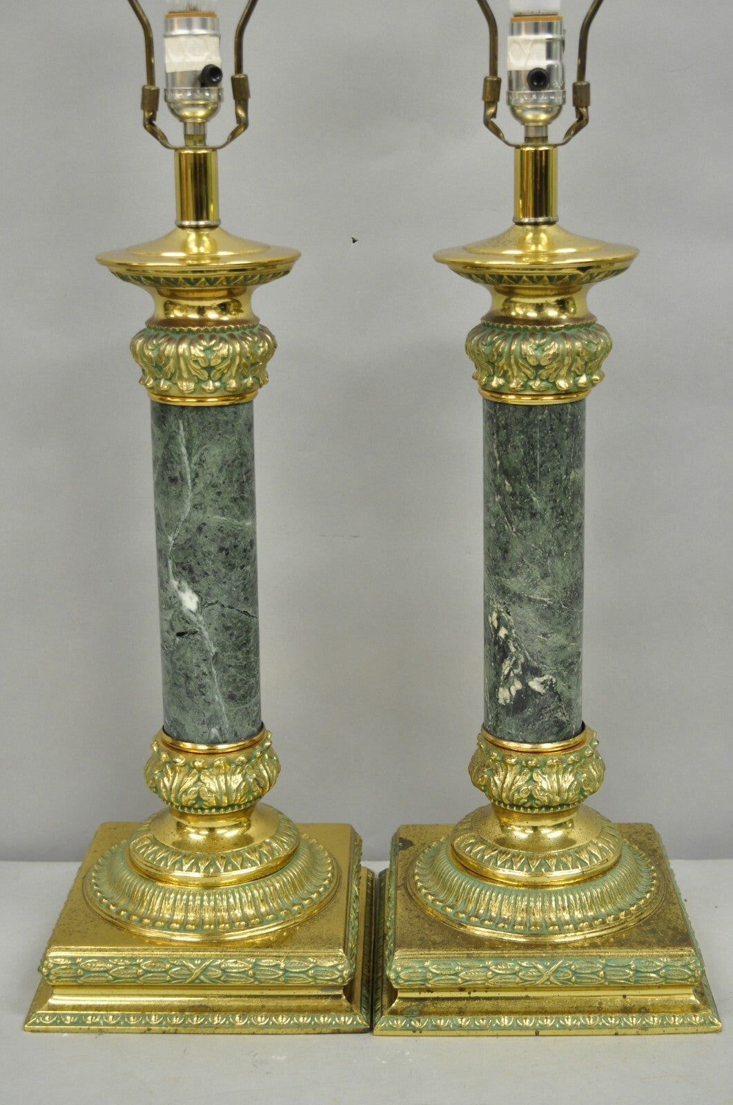 Vintage Hollywood Regency Brass Empire Green Column Gold Table Lamps - a Pair
