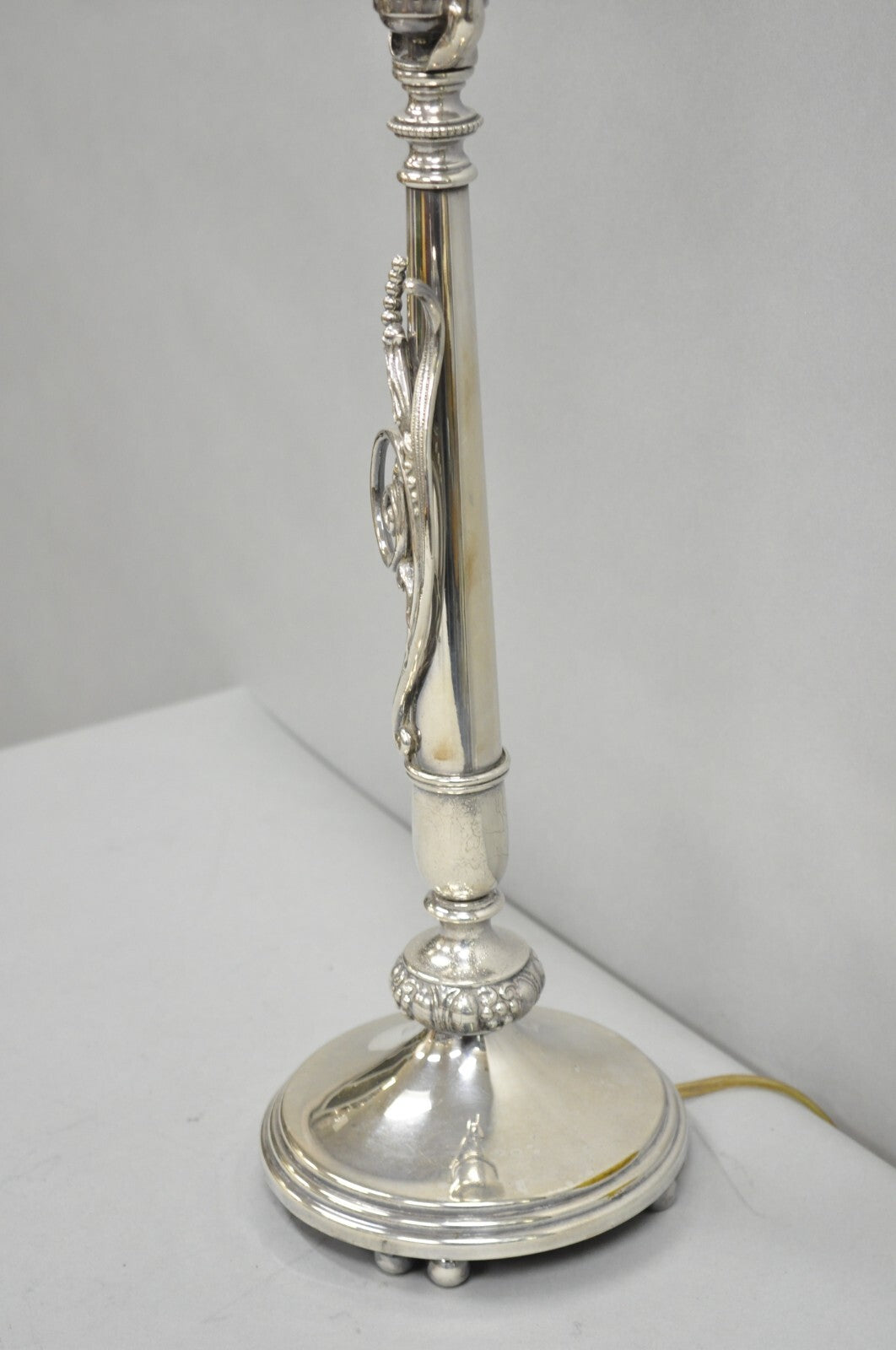 Antique French Art Nouveau Silver Plated Scrollwork Column Small Table Lamp