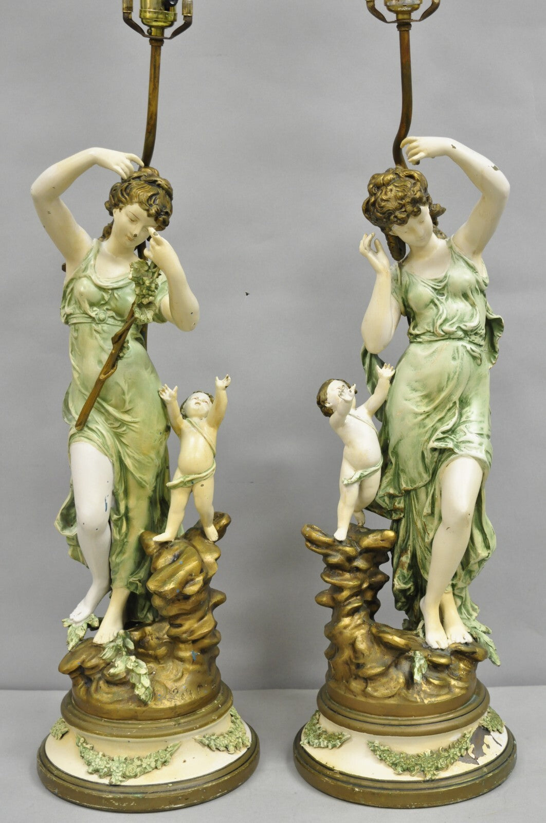 Antique French L&F Moreau Painted Metal Figural Mother & Child Table Lamps Pair