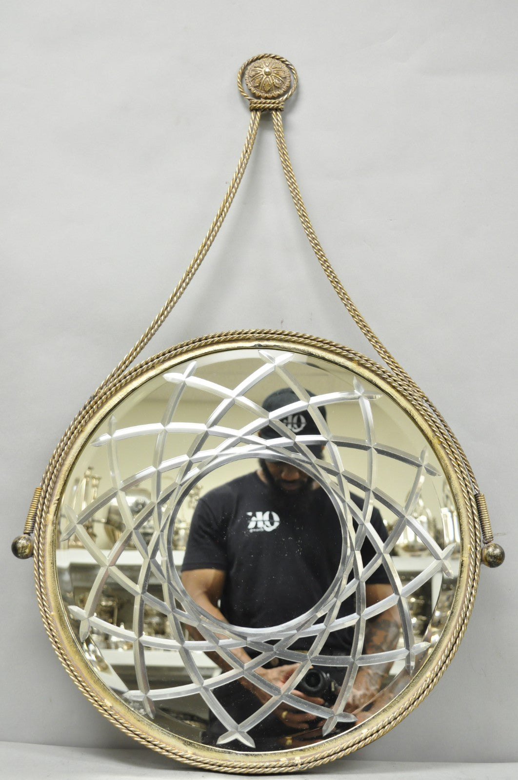 Contemporary Modern Hollywood Regency Round Etched Glass Hanging Wall Mirror