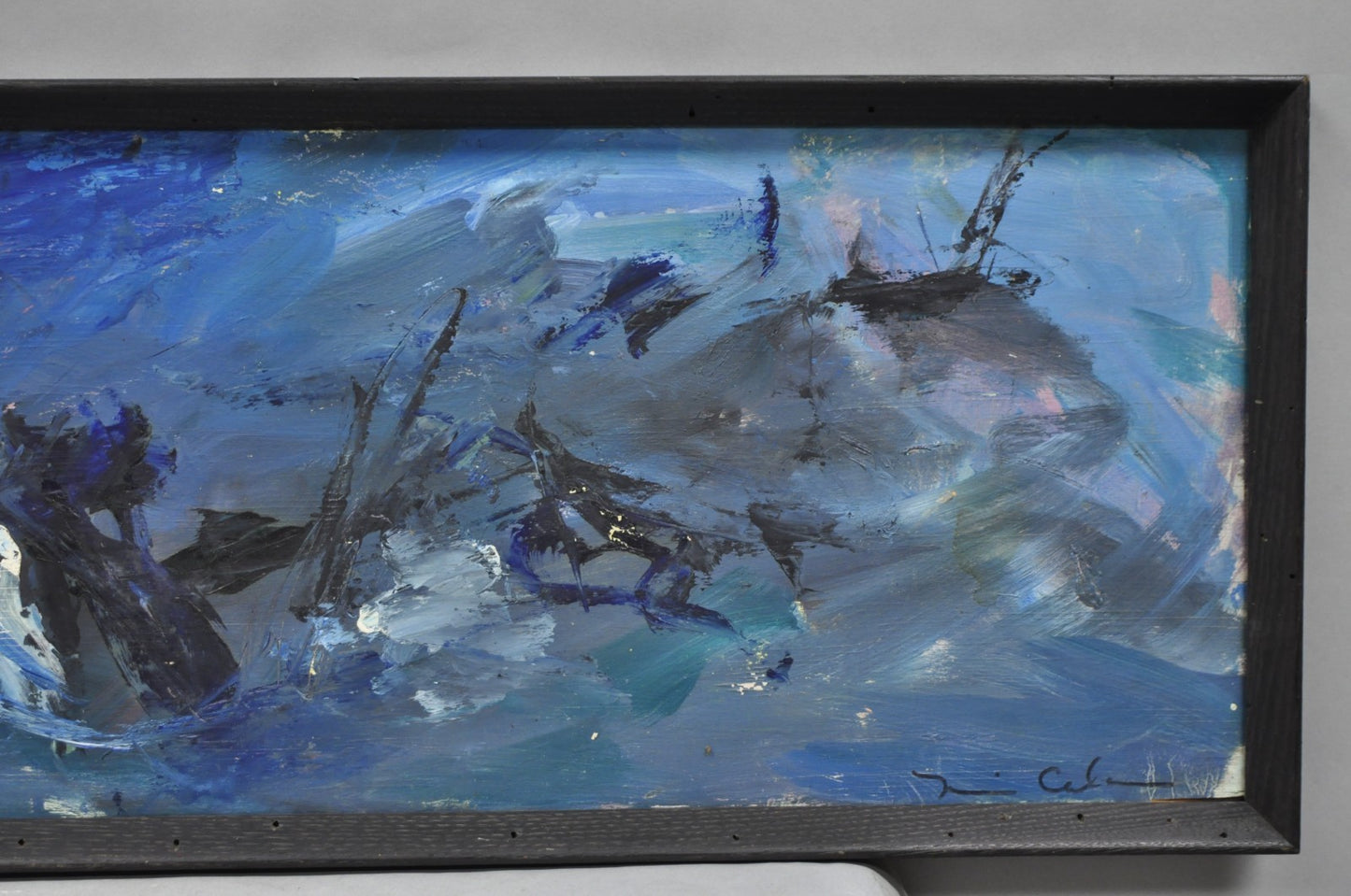 Vintage Mid Century Modern Blue Abstract Acrylic on Board Painting Artist Signed