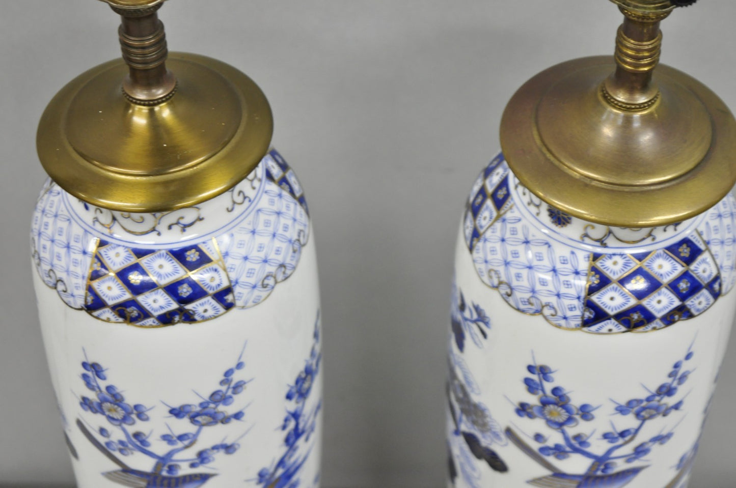 Vintage Chinoiserie Blue White Porcelain Bird & Plum Blossom Table Lamp - a Pair