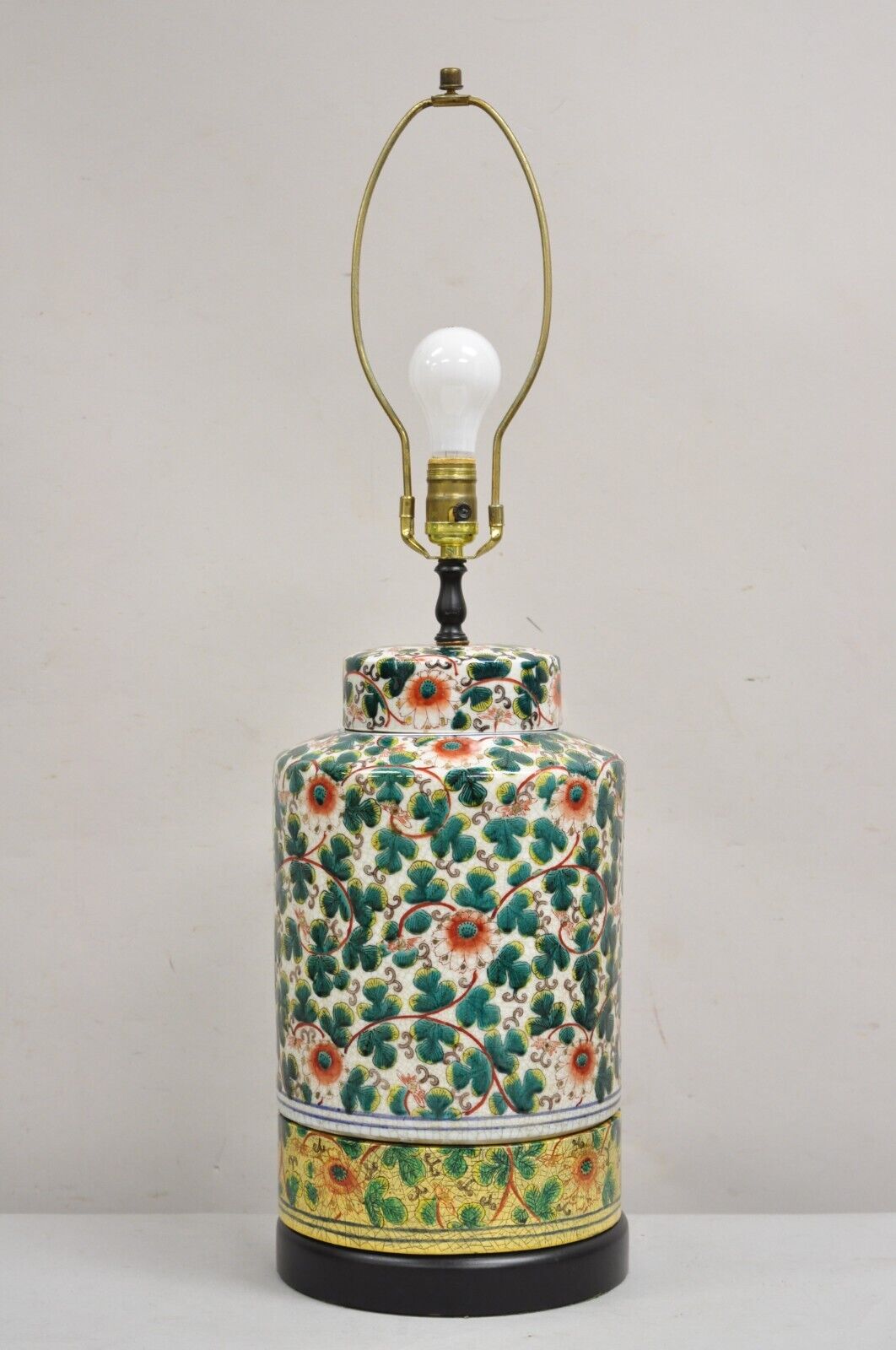 Vintage Chinoiserie Chinese Ginger Jar Green Flower Painted Oriental Table Lamp