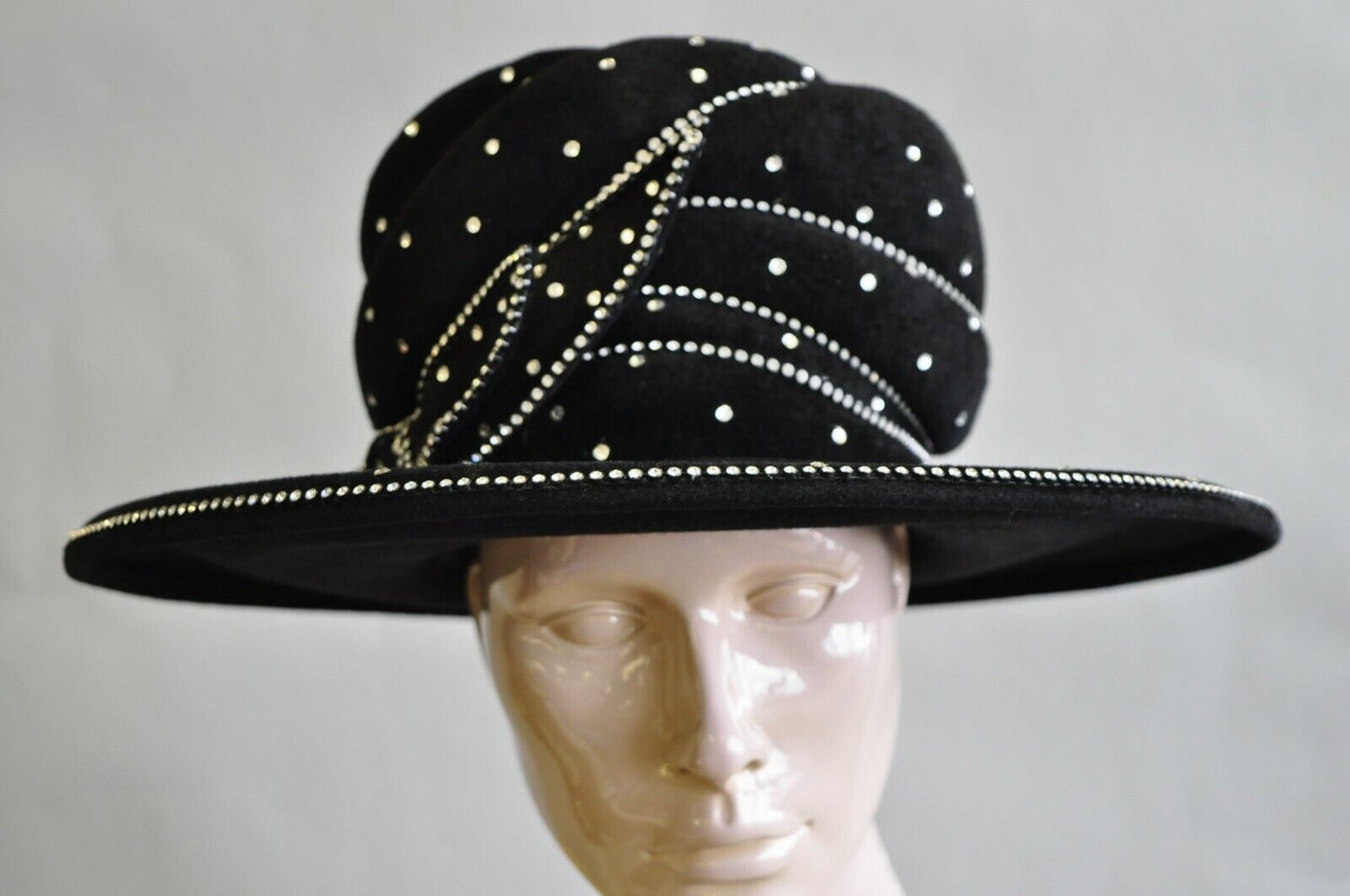 Vintage Makins New York Black Rhinestone Bow Wide Brim Church Derby Ladies Hat