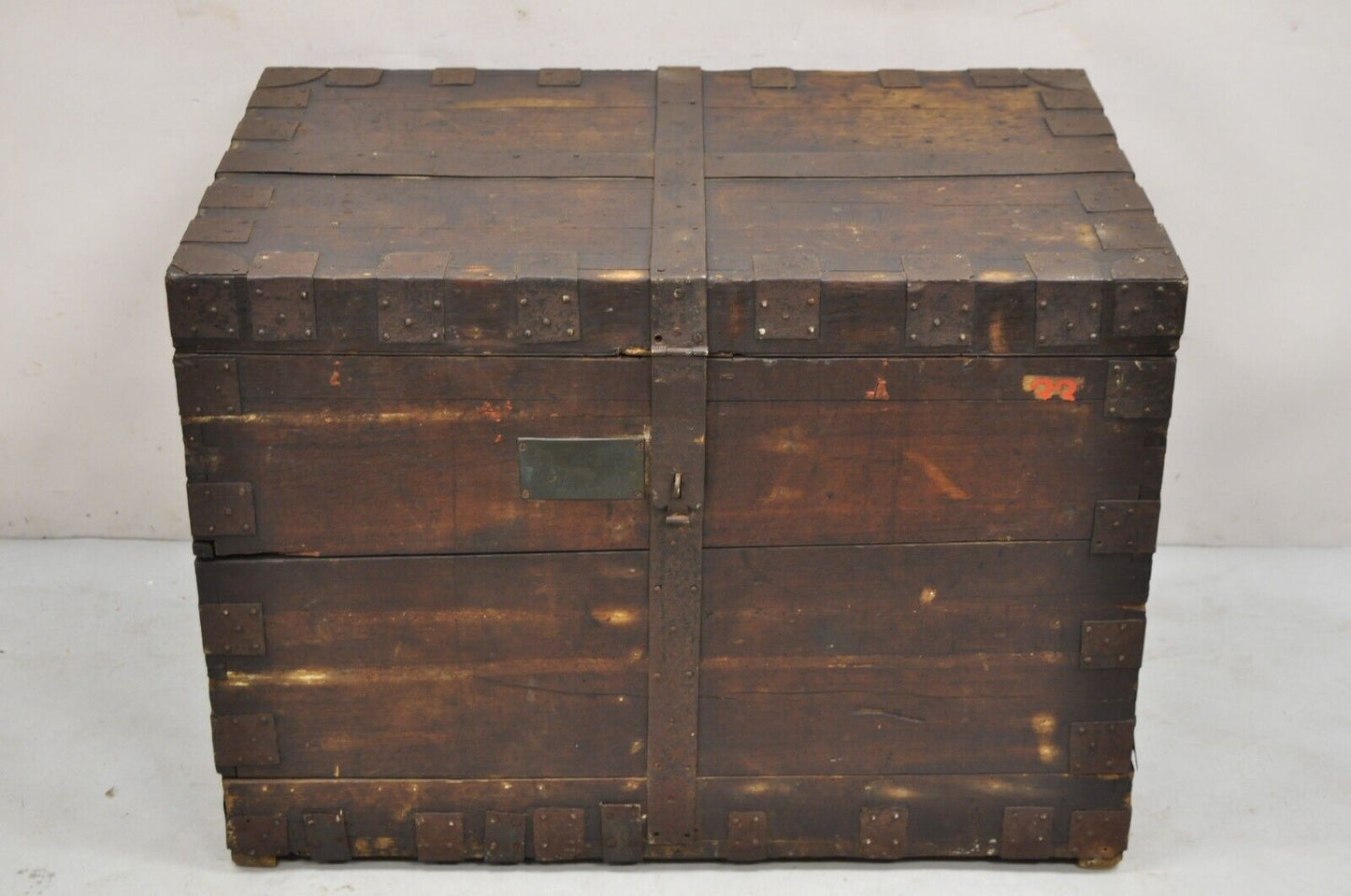 19th C. English Oak Wood and Steel Banded Safe Storage Cabinet Chest Trunk