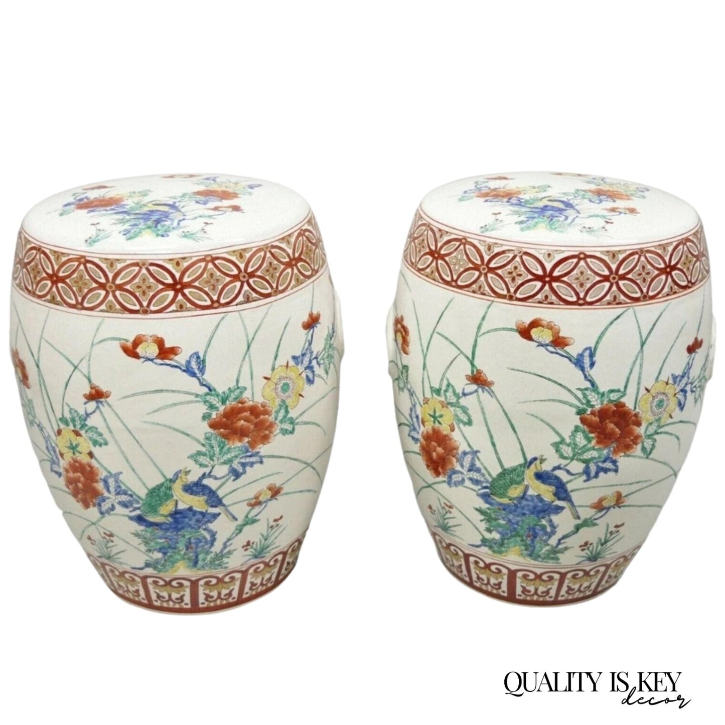 Vintage Chinoiserie Porcelain Ceramic Chinese Red Blue Garden Stool Seat, a Pair
