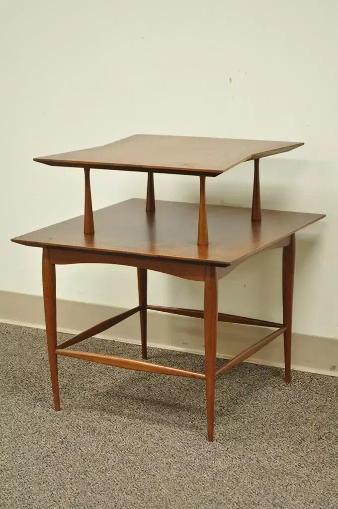 Vintage Mid Century Danish Modern Sculpted Walnut 2 Tier Side End Lamp Table
