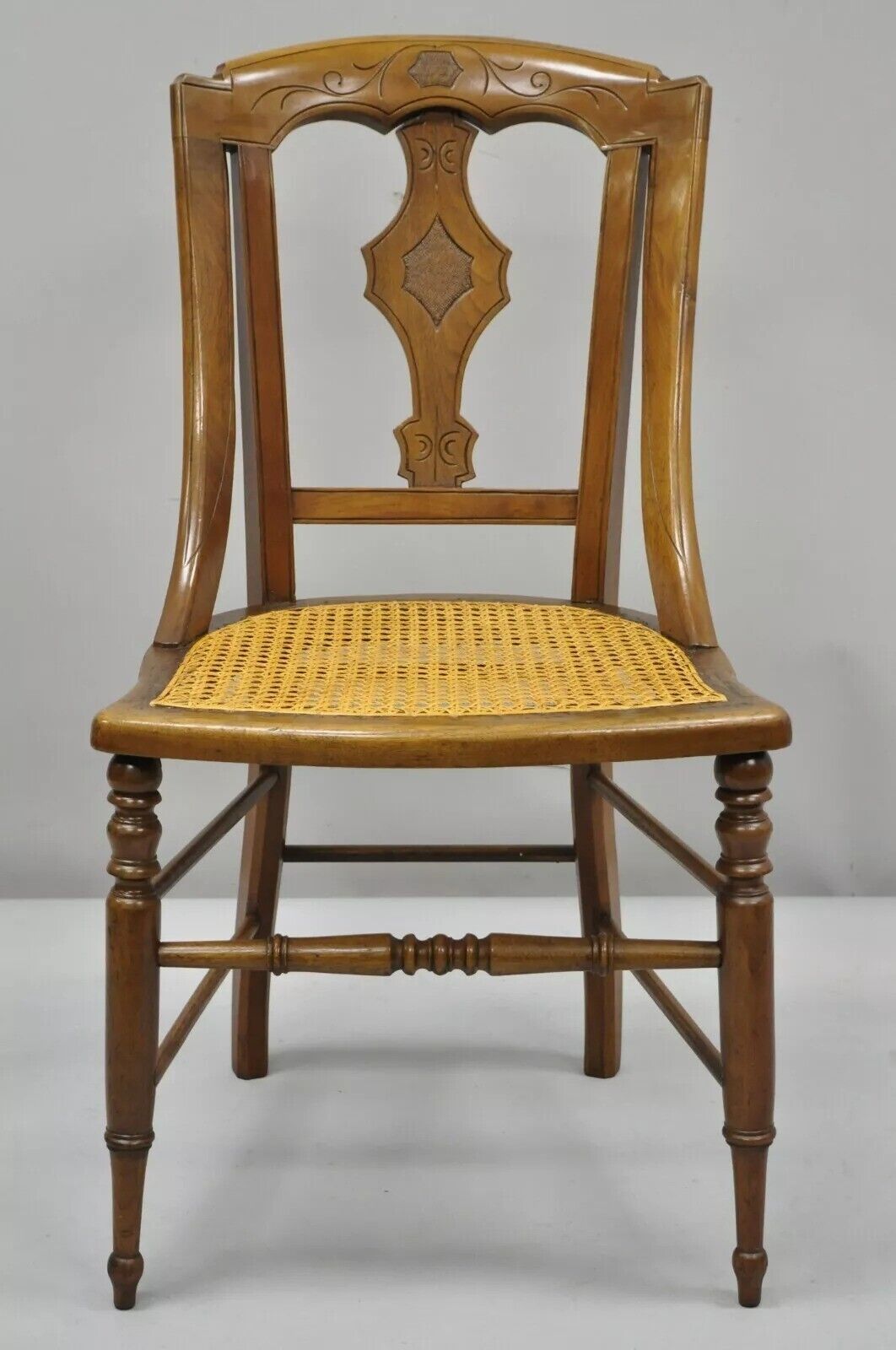 19th Century Antique Eastlake Victorian Carved Walnut Cane Dining Side Chair (A)