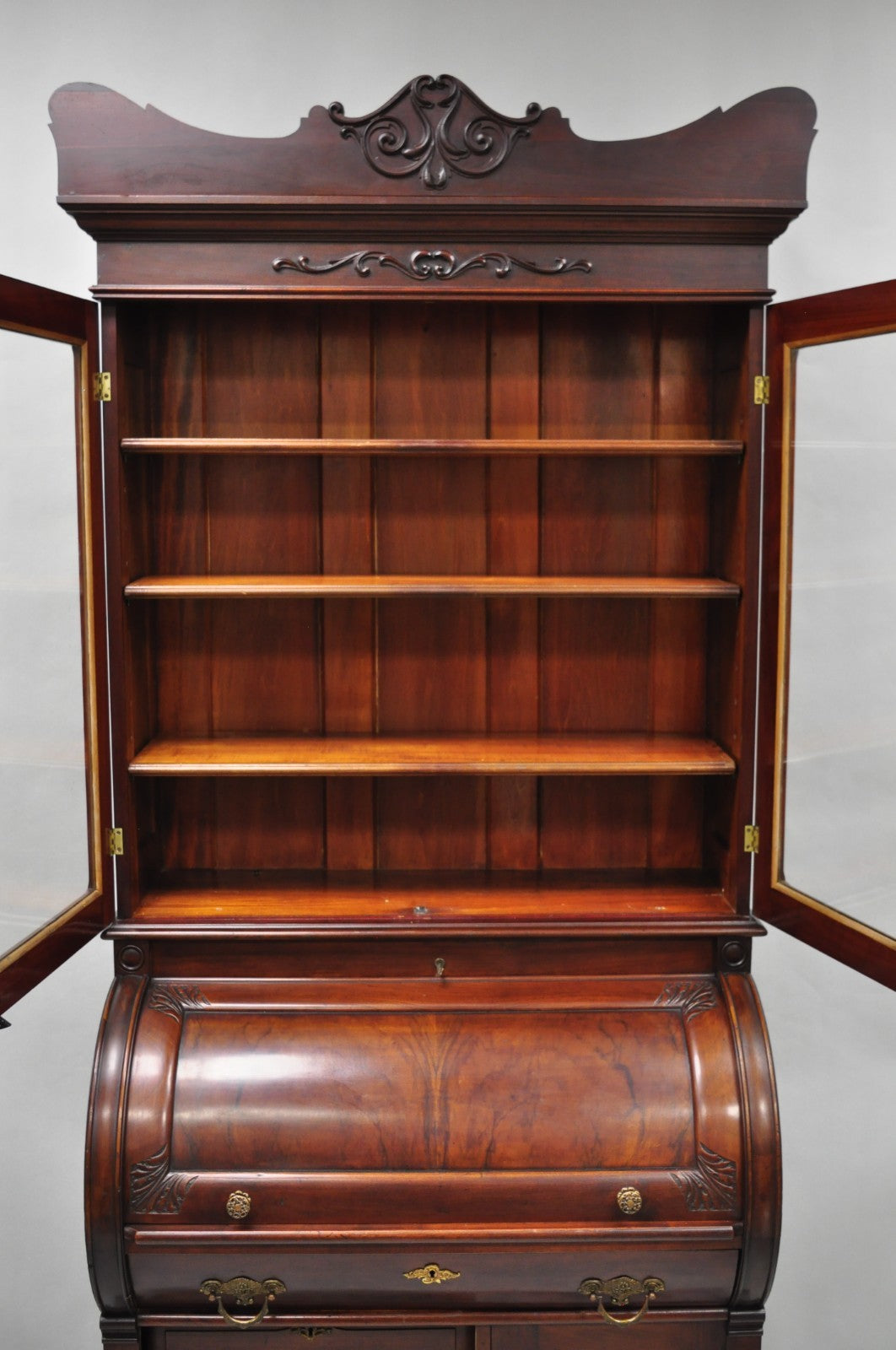 Antique Victorian Mahogany Cylinder Roll Top Bookcase Secretary Desk Cabinet