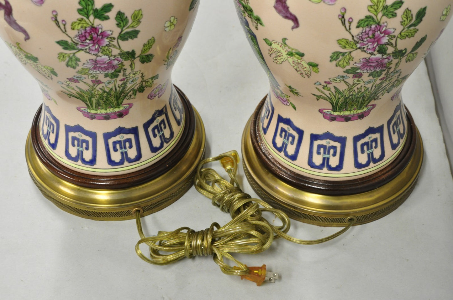 Vintage Chinoiserie Pink Porcelain Ginger Jar Jardinière Vase Table Lamp a Pair