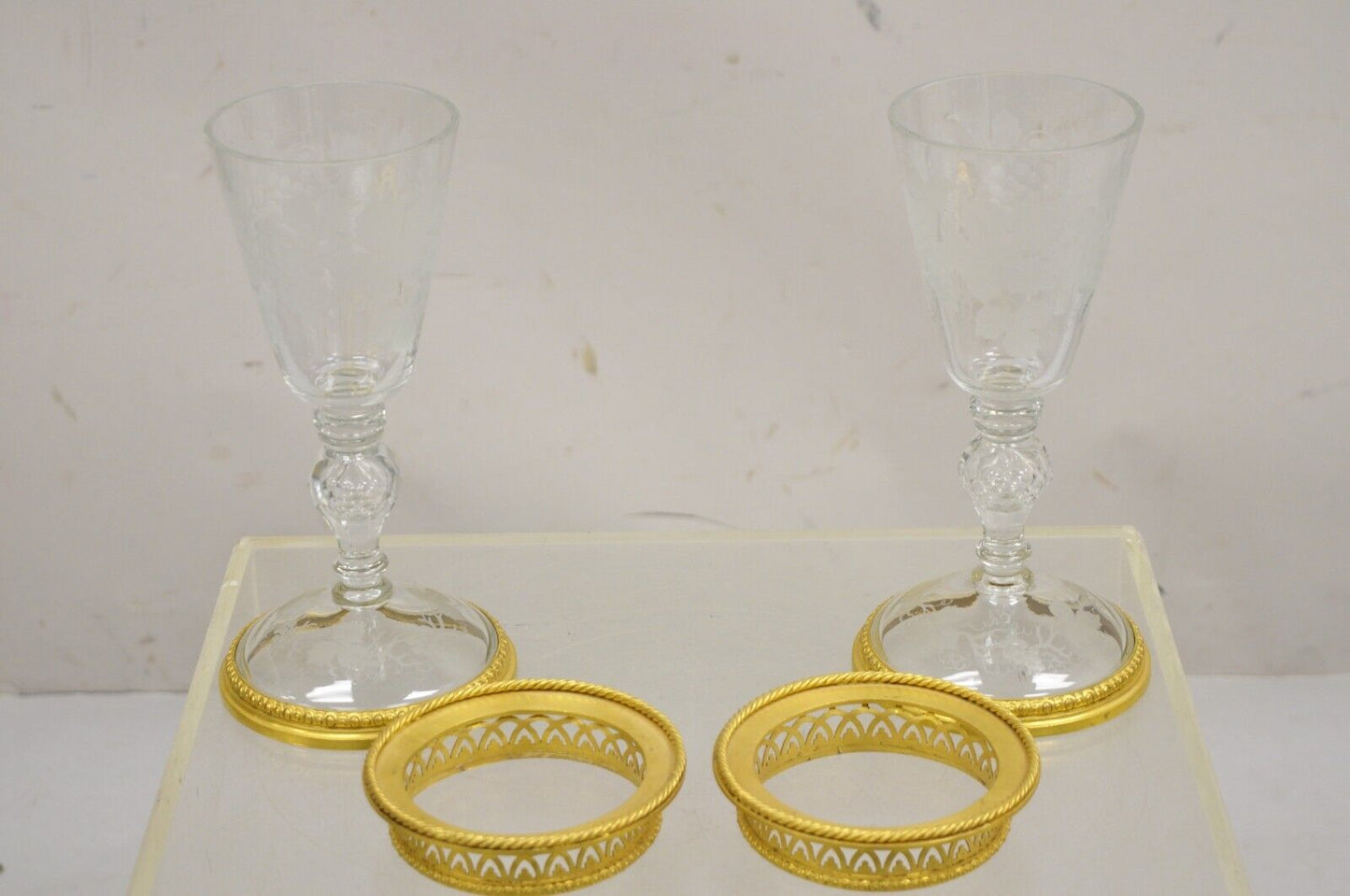 Antique French Louis XV Style Gold Gilt Bronze Crystal Glass Stem Goblet - Pair