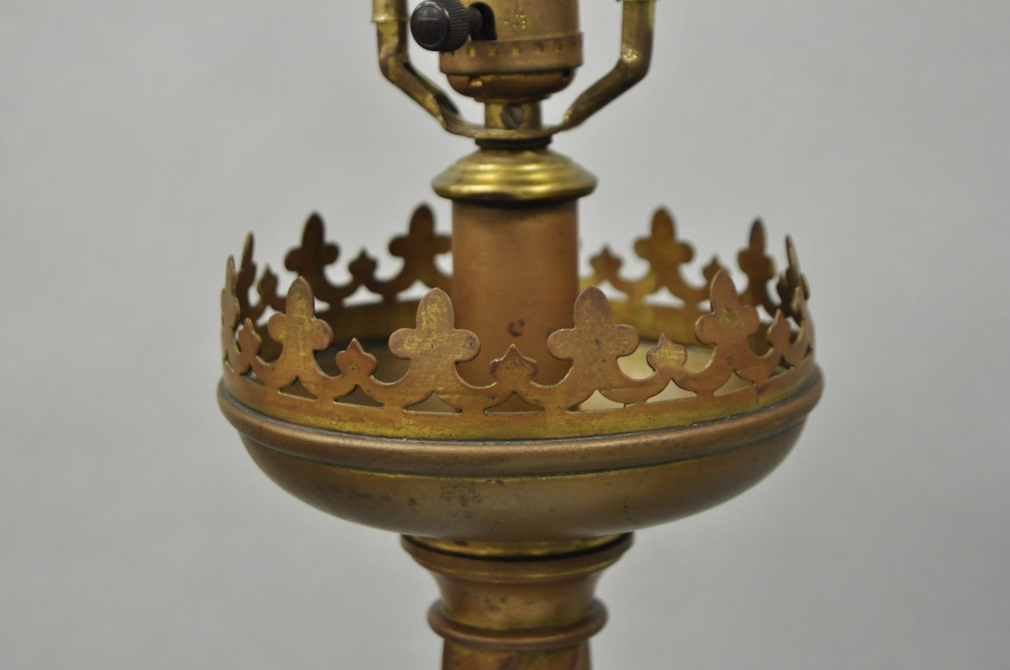 Antique English Renaissance Gothic Patinated Brass Candlestick Table Lamps Pair