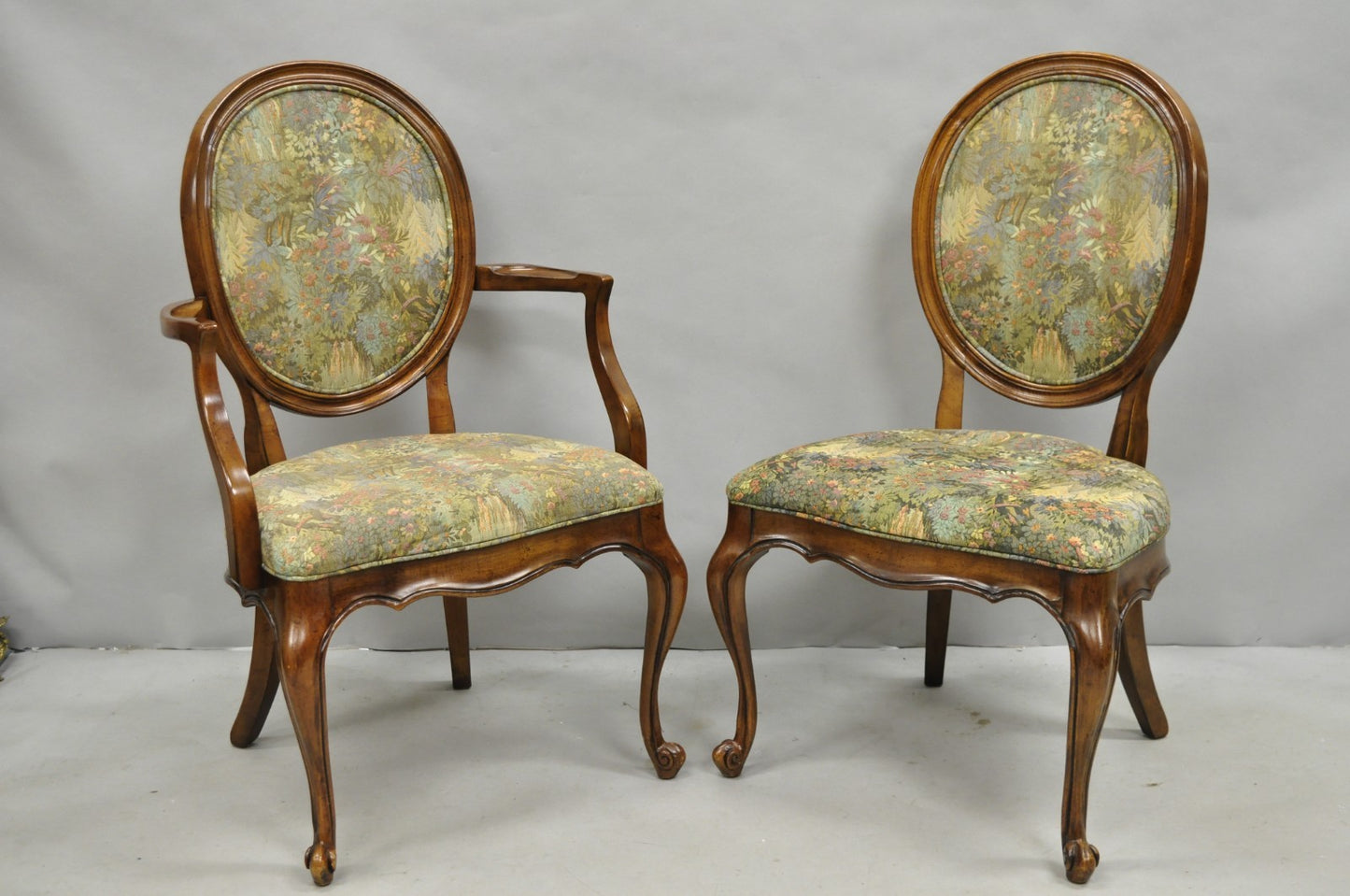 Vintage French Provincial Oval Balloon Back Upholstered Dining Chairs - Set of 8