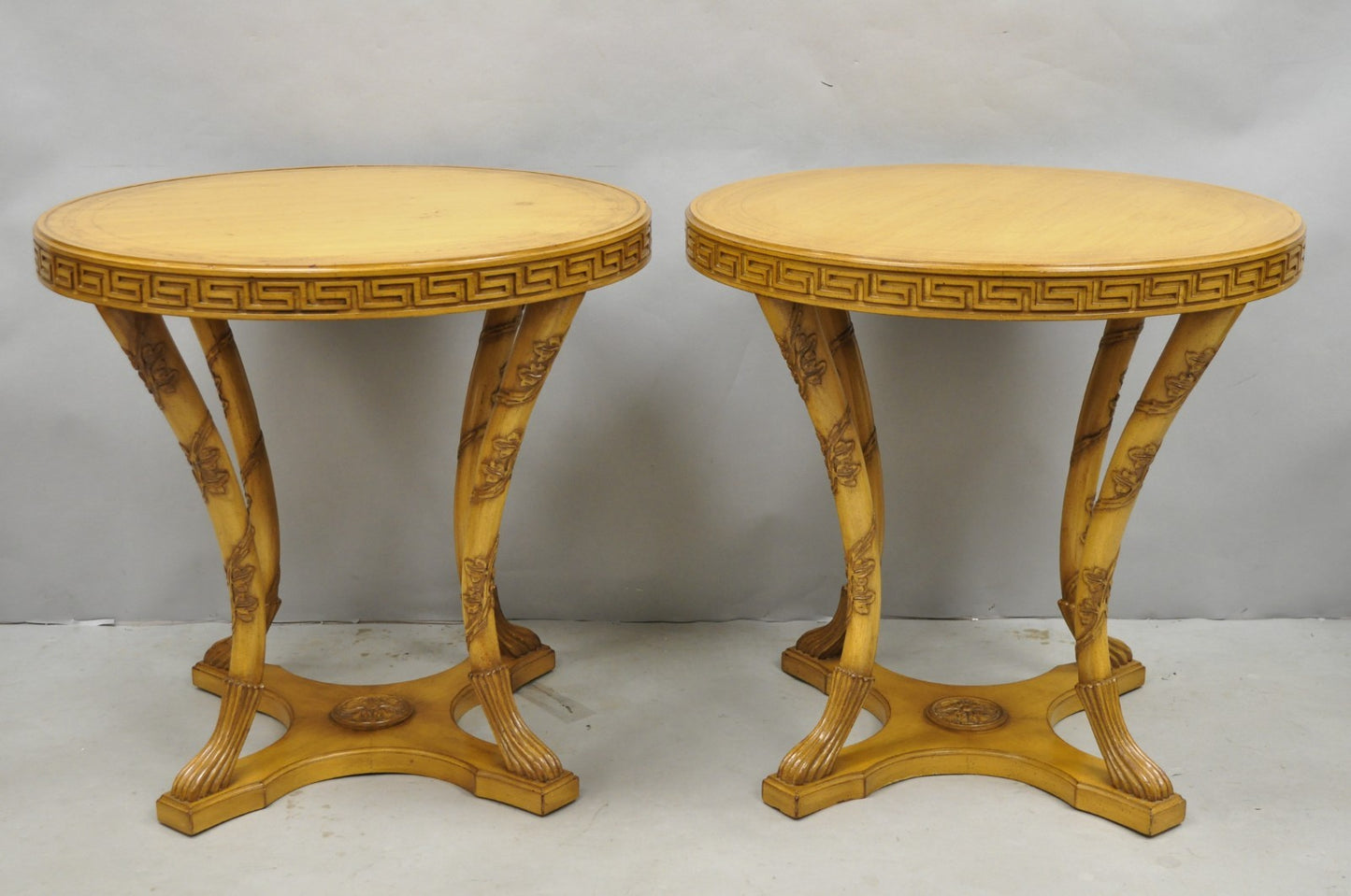 Vintage Italian Regency Round Leather Top Greek Key Carved Side Tables - a Pair