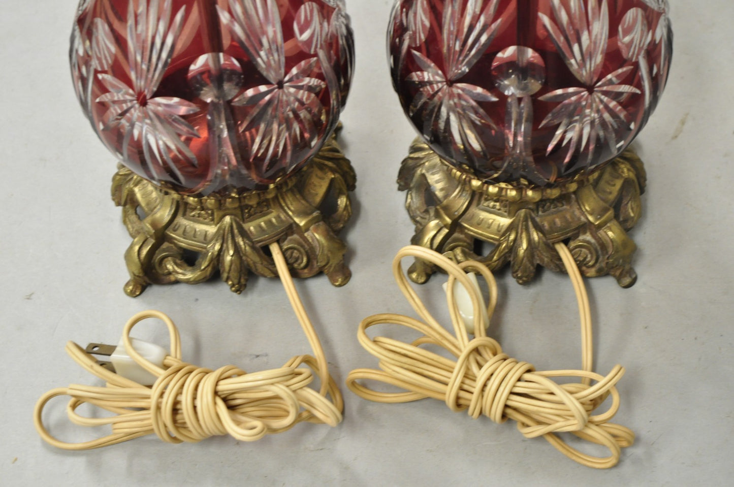 Antique Bohemian Cranberry Ruby Red Cut to Clear Glass Table Lamps - a Pair