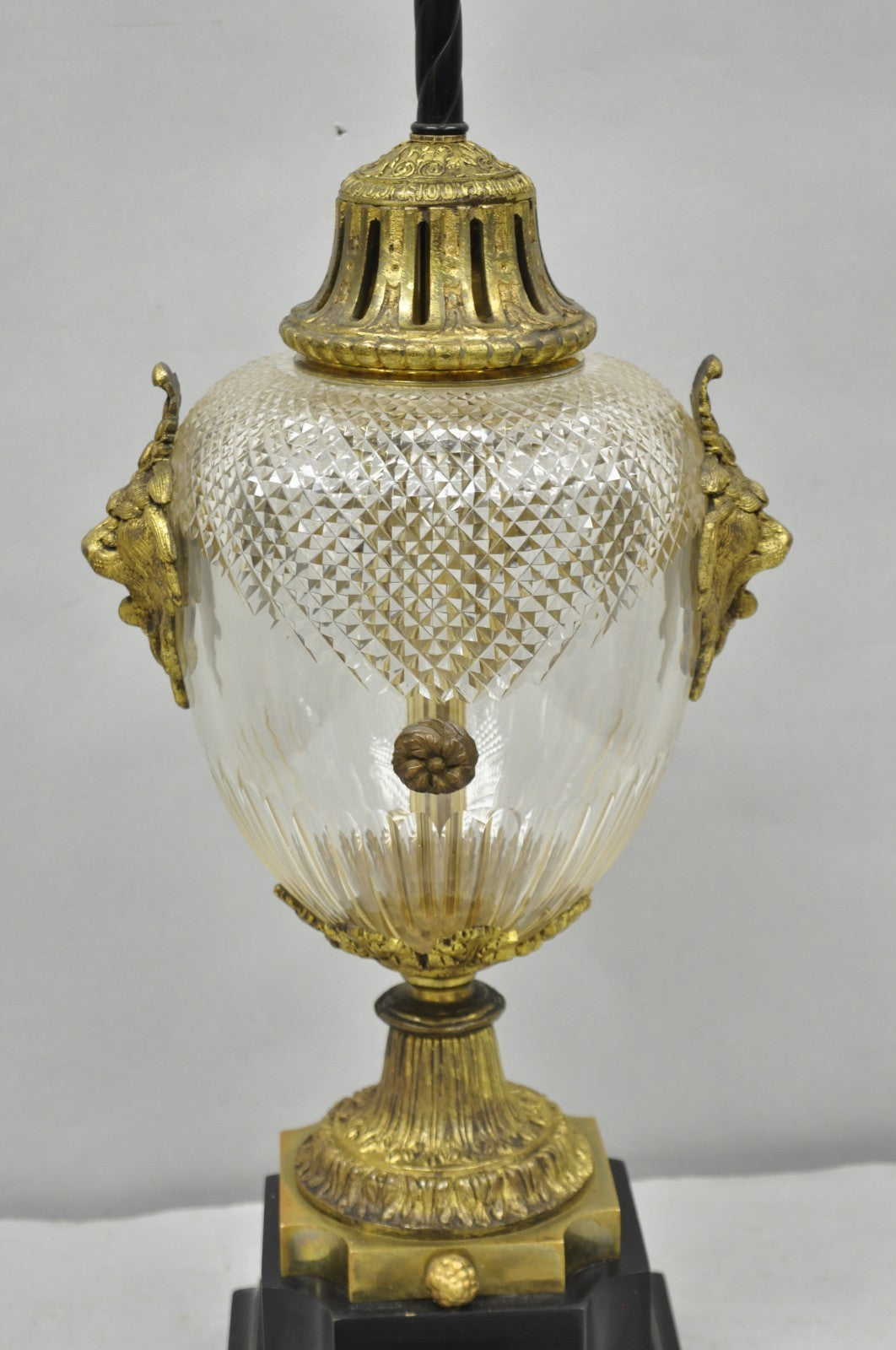 Antique French Neoclassical Bronze Lion Ormolu Diamond Cut Glass Urn Table Lamp