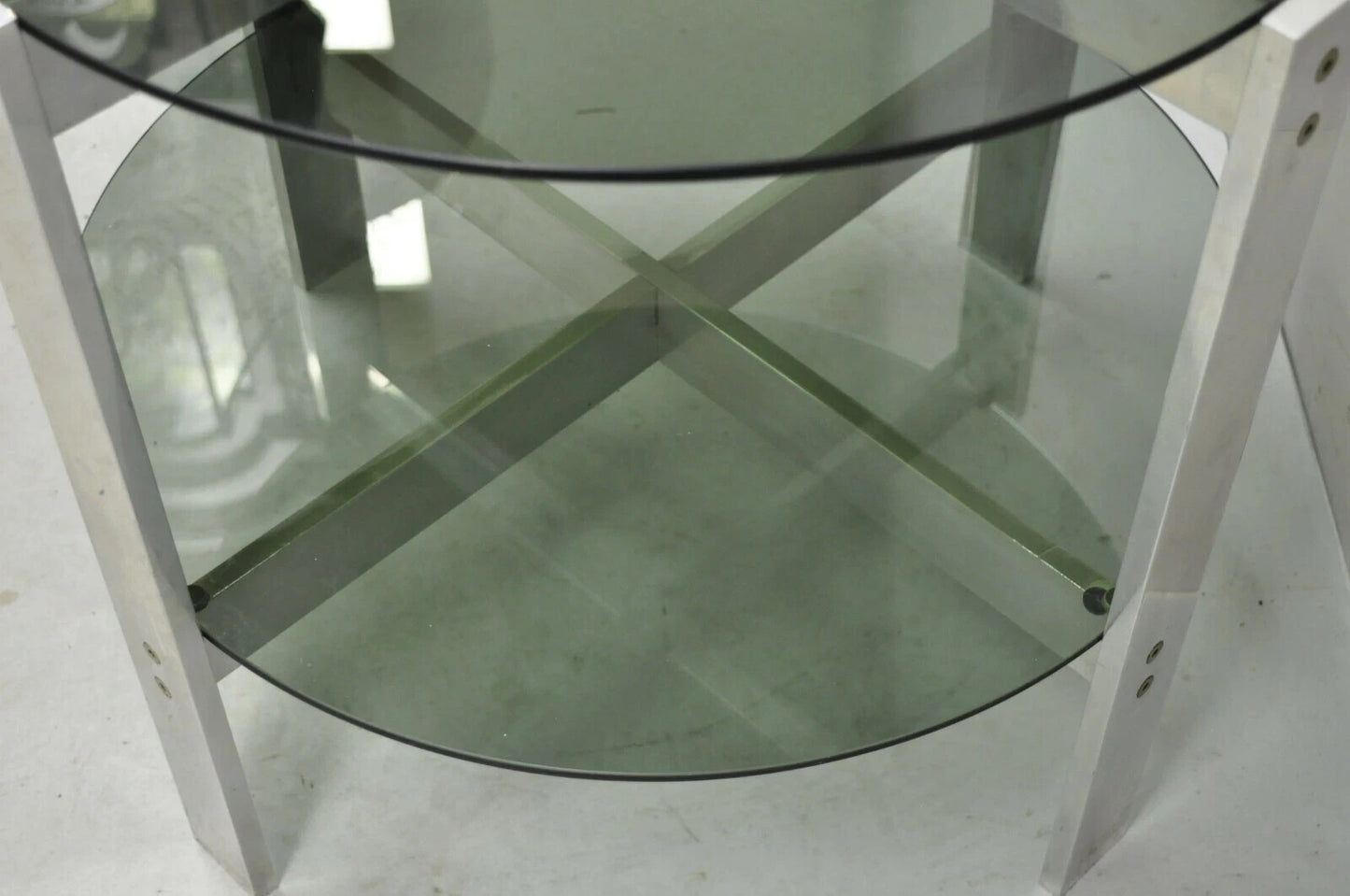 Vintage Mid Century Modern Round Smoked Glass 2 Tier Aluminum Base Side Table