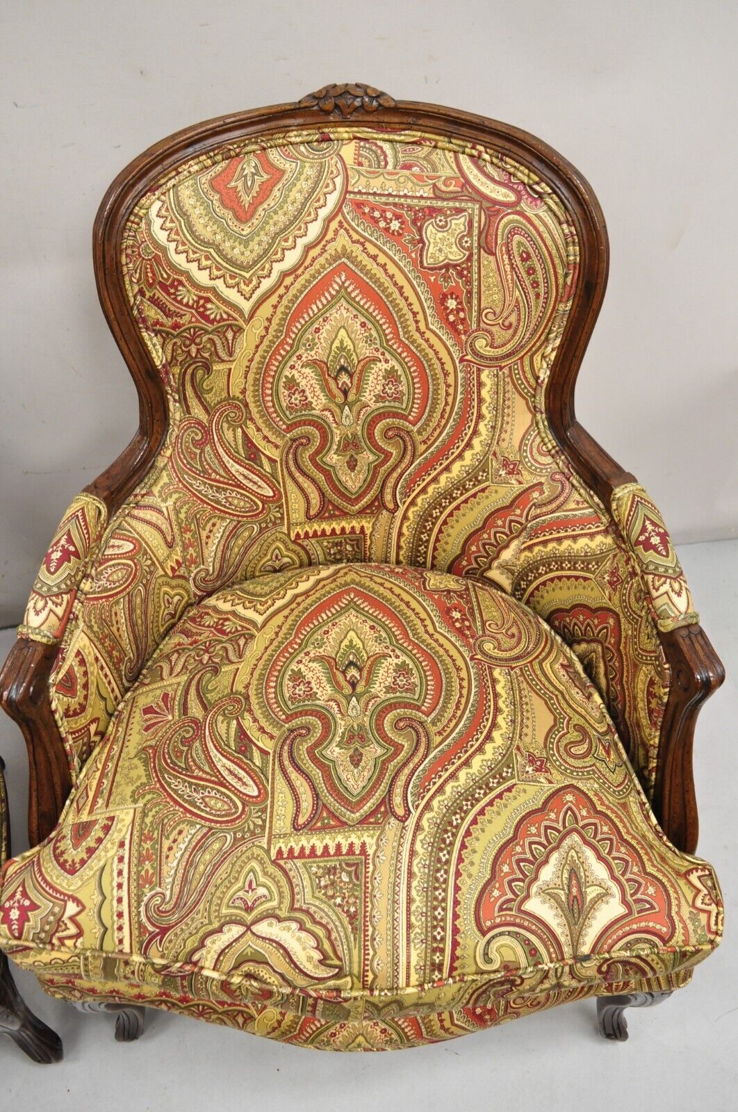 Vintage French Country Carved Walnut Burgundy Bergere Lounge Arm Chairs -a Pair