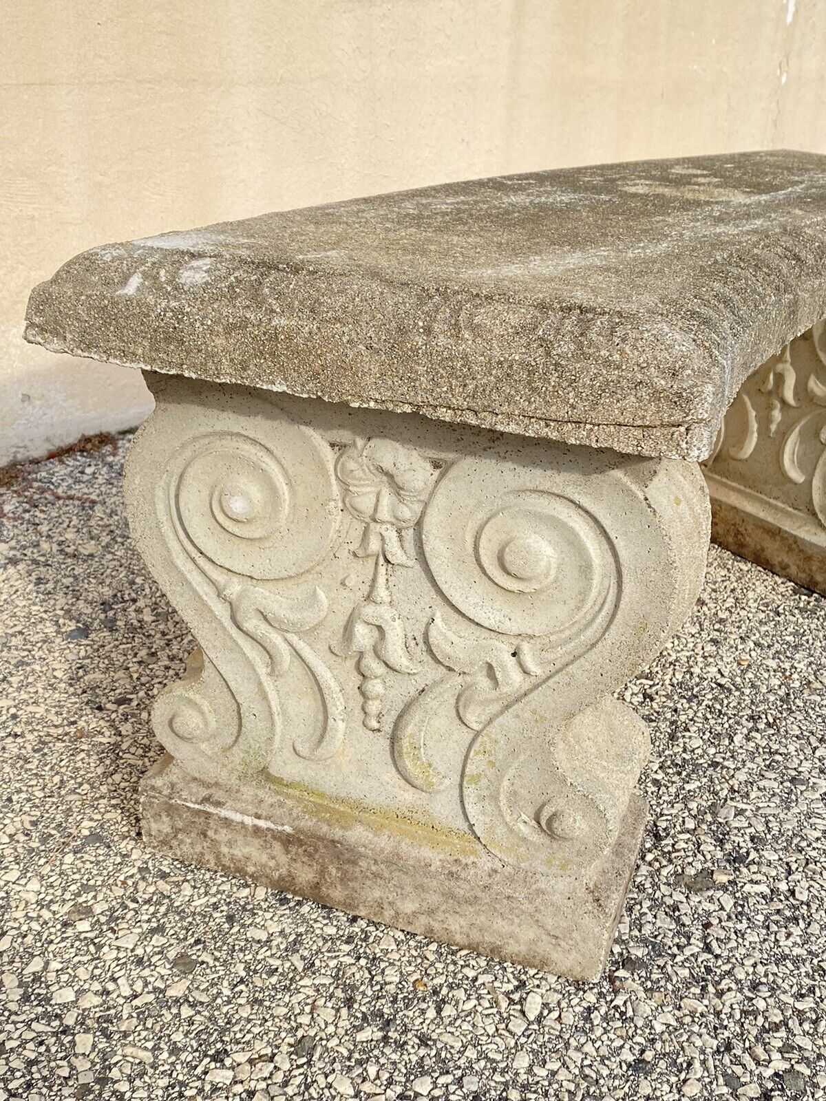 Vintage Classical Style Cast Stone Double Pedestal Curved Garden Bench Seat