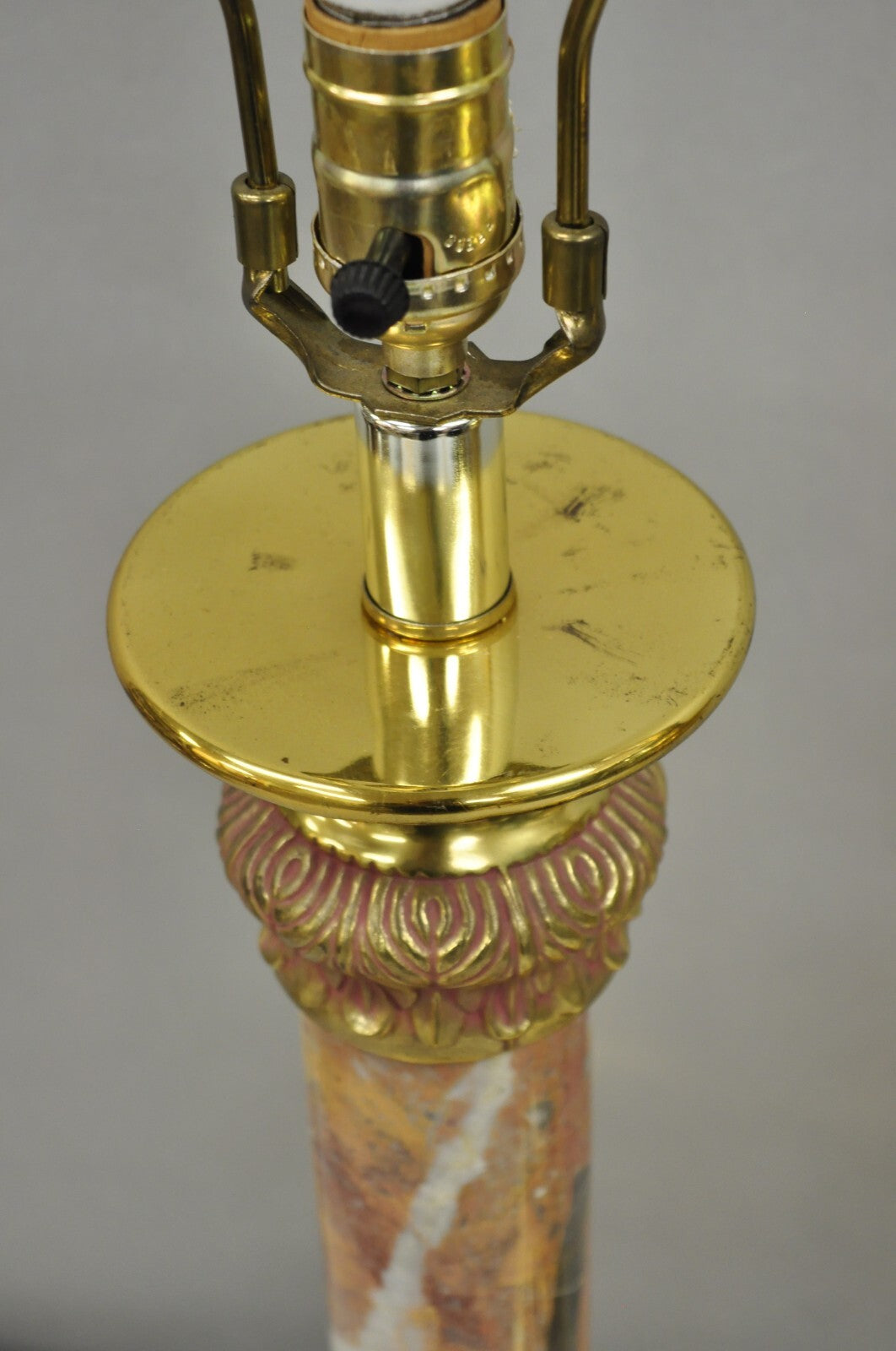 Vintage Hollywood Regency Brass Empire Column Green Pink Gold Table Lamps - Pair