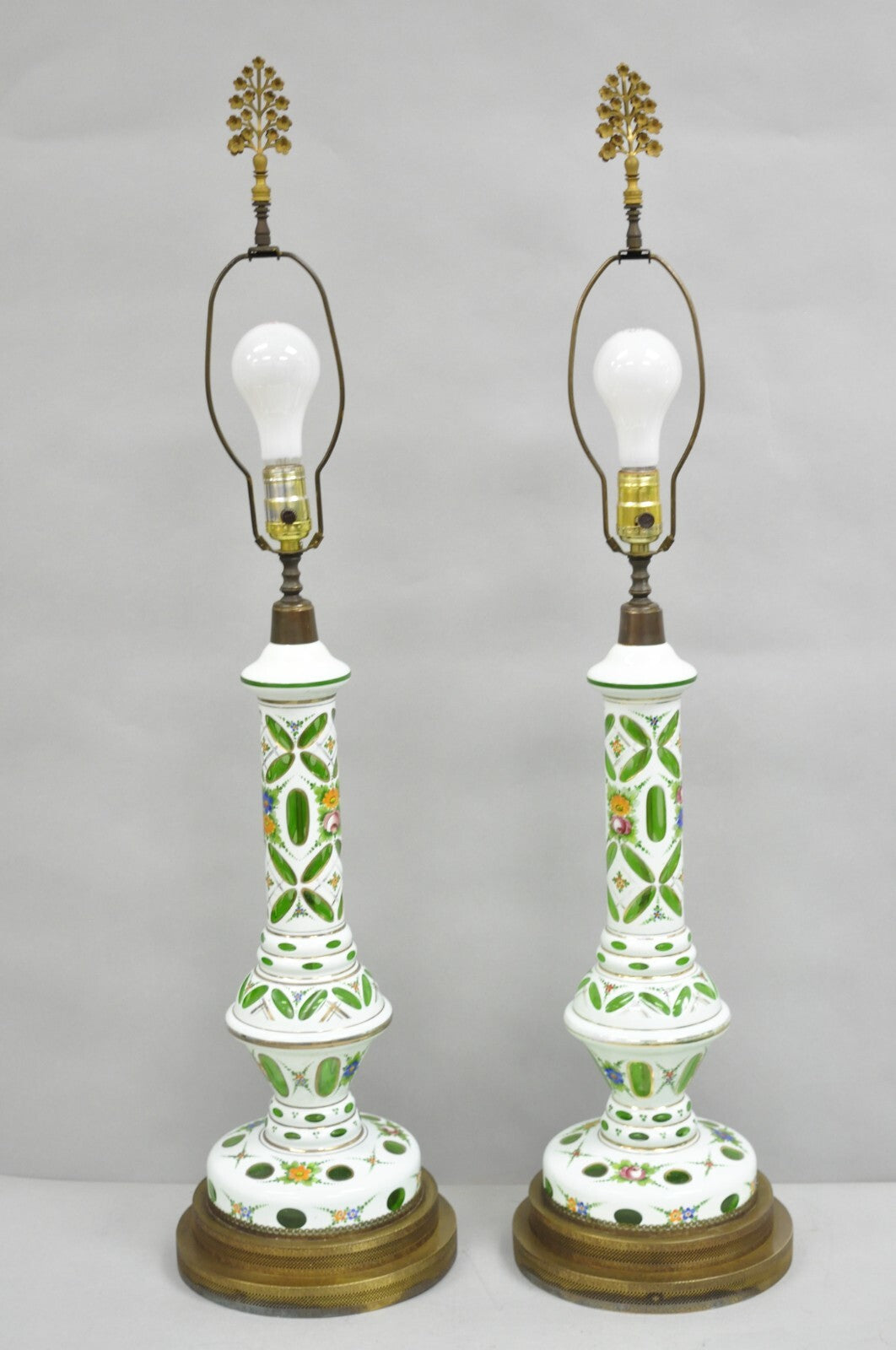 Antique Bohemian Green & White Cased Glass Column Table Lamps - a Pair