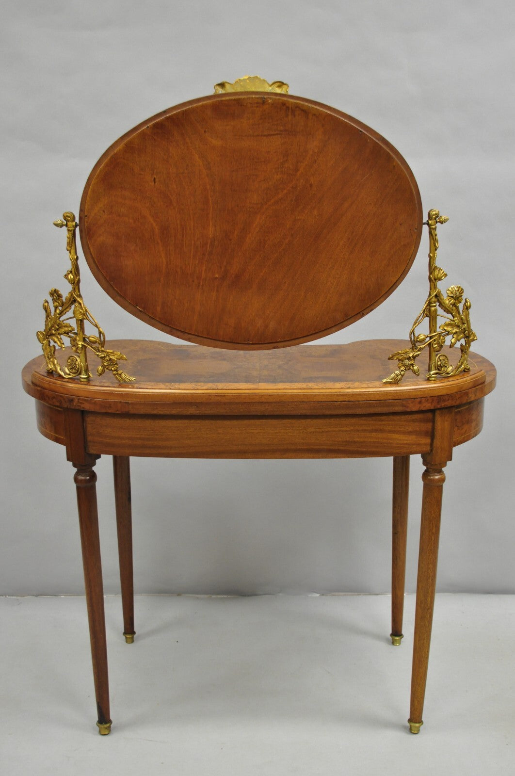 Antique French Louis XVI Burlwood Kidney Shaped Vanity Dressing Table w/ Mirror