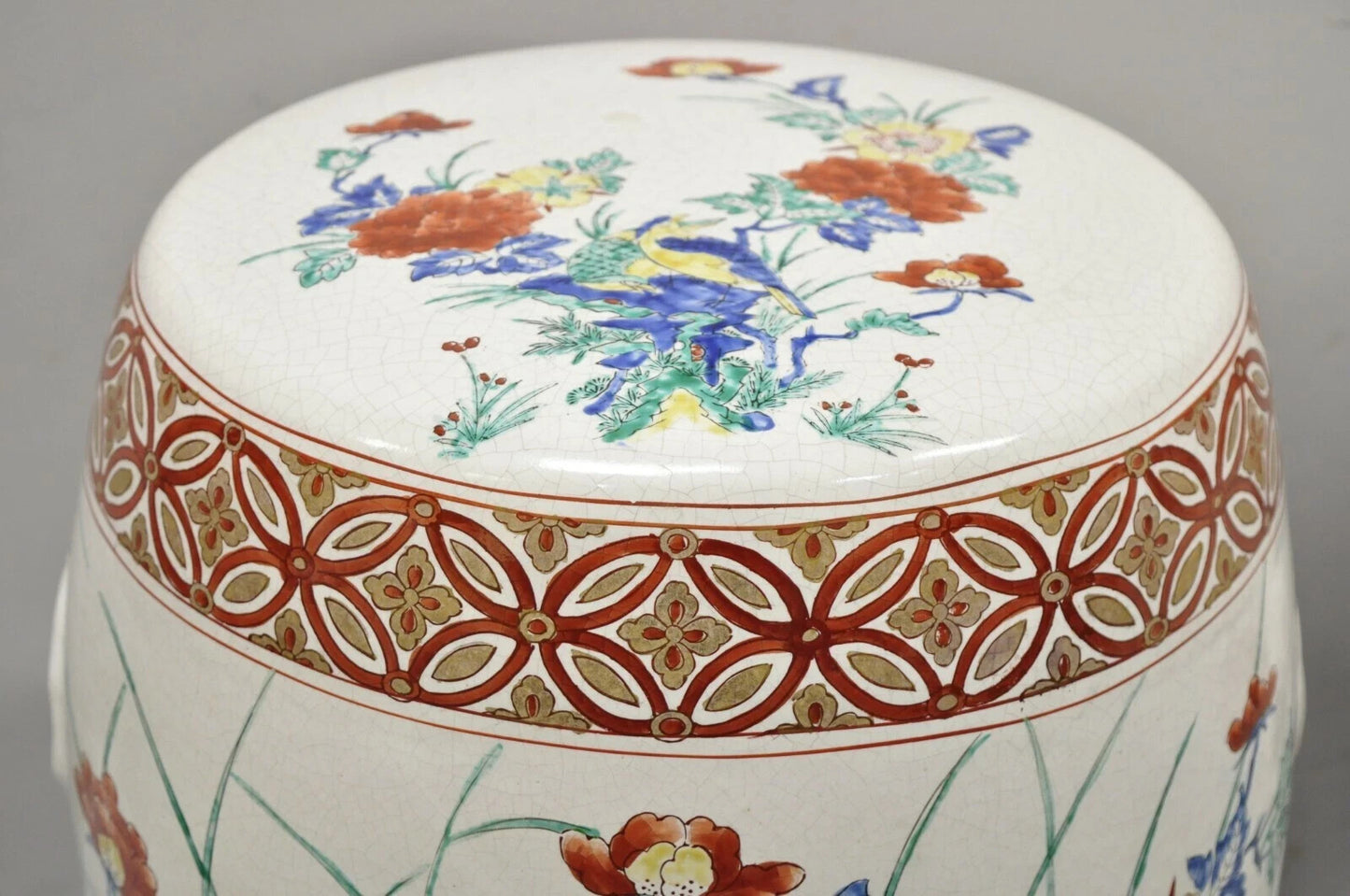 Vintage Chinoiserie Porcelain Ceramic Chinese Red Blue Garden Stool Seat, a Pair