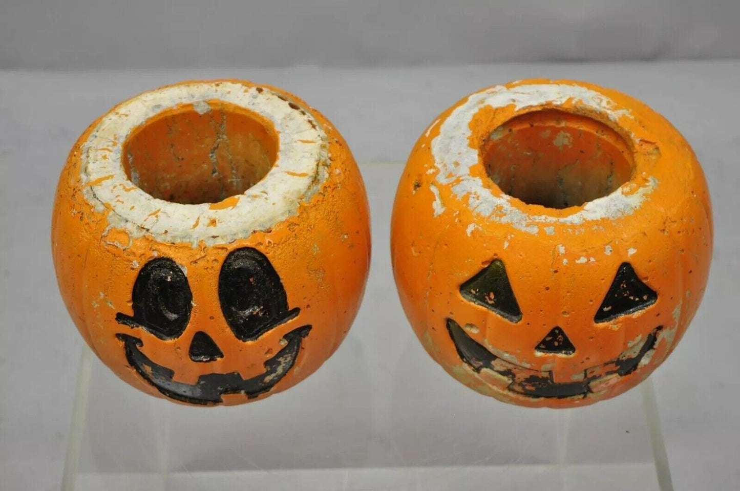 Vintage Orange Cement 8" Small Painted Garden Pumpkin Planter Plant Pot - Pair