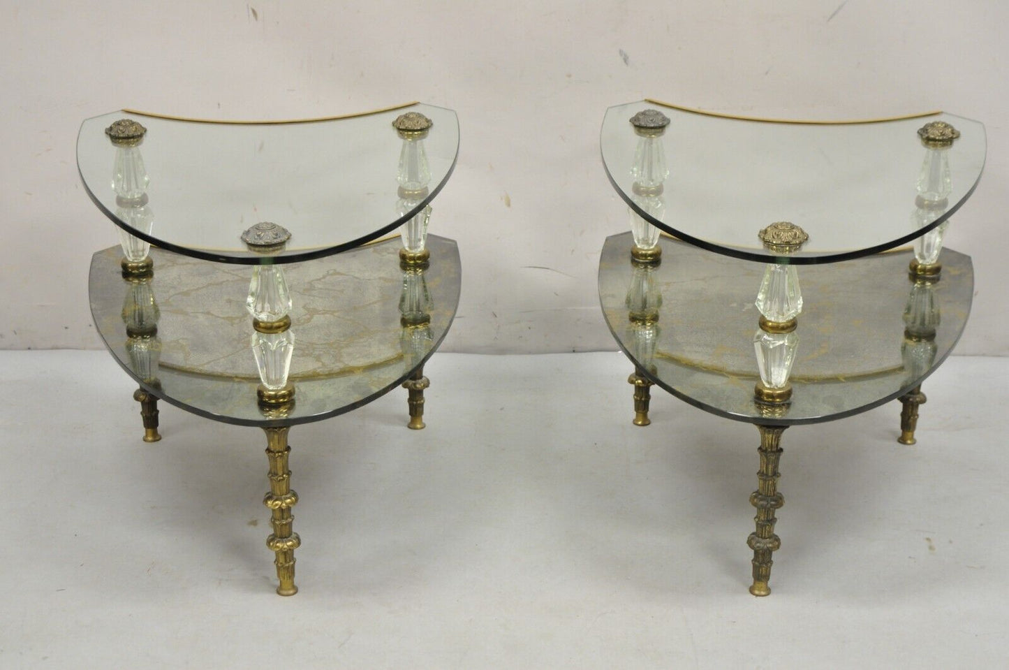 Vintage Hollywood Regency Two Tier Italian Églomisé Glass Side Tables - a Pair