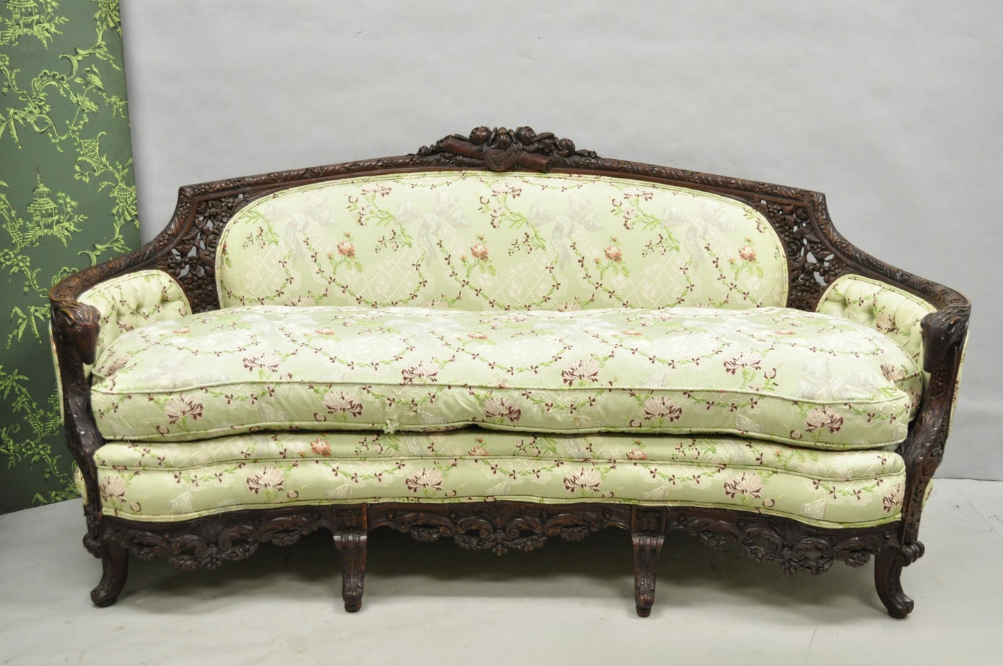 Antique Italian Renaissance Carved Walnut French Victorian Rams Head Green Sofa