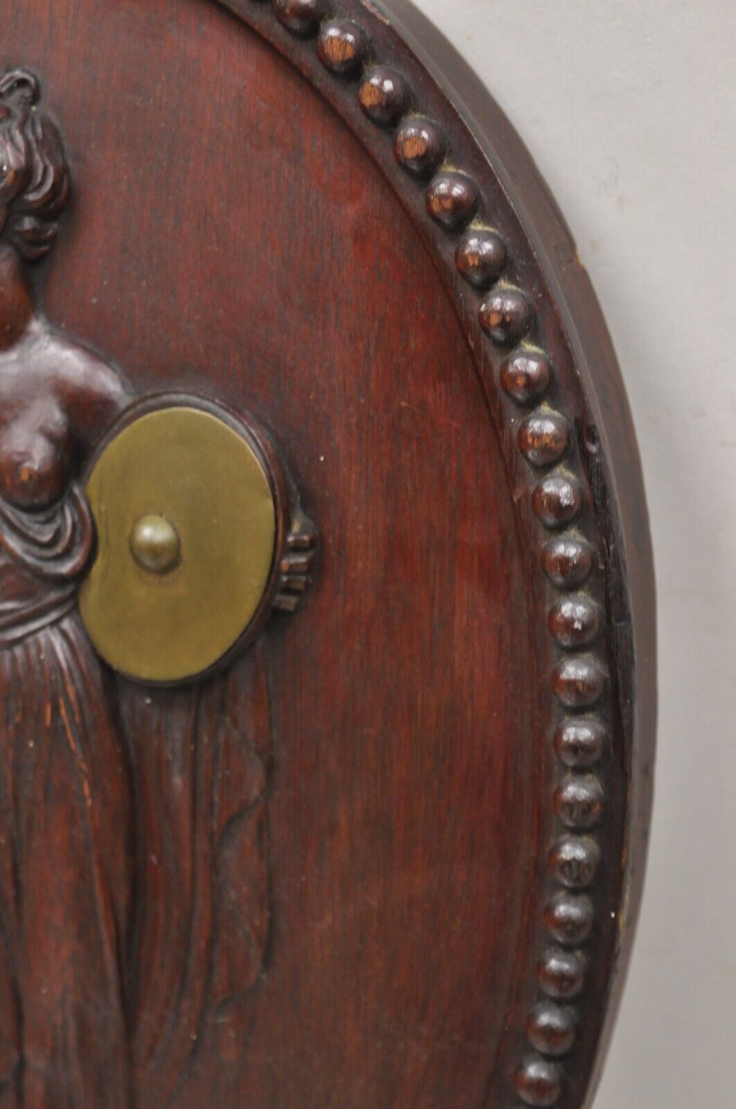 Antique Classical Oval Carved Mahogany Figural Goddess Wall Sculpture Plaque