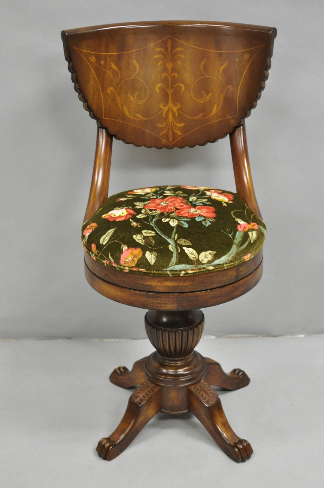 Antique French Empire Regency Inlaid Mahogany Swivel Piano Harpist Stool Chair