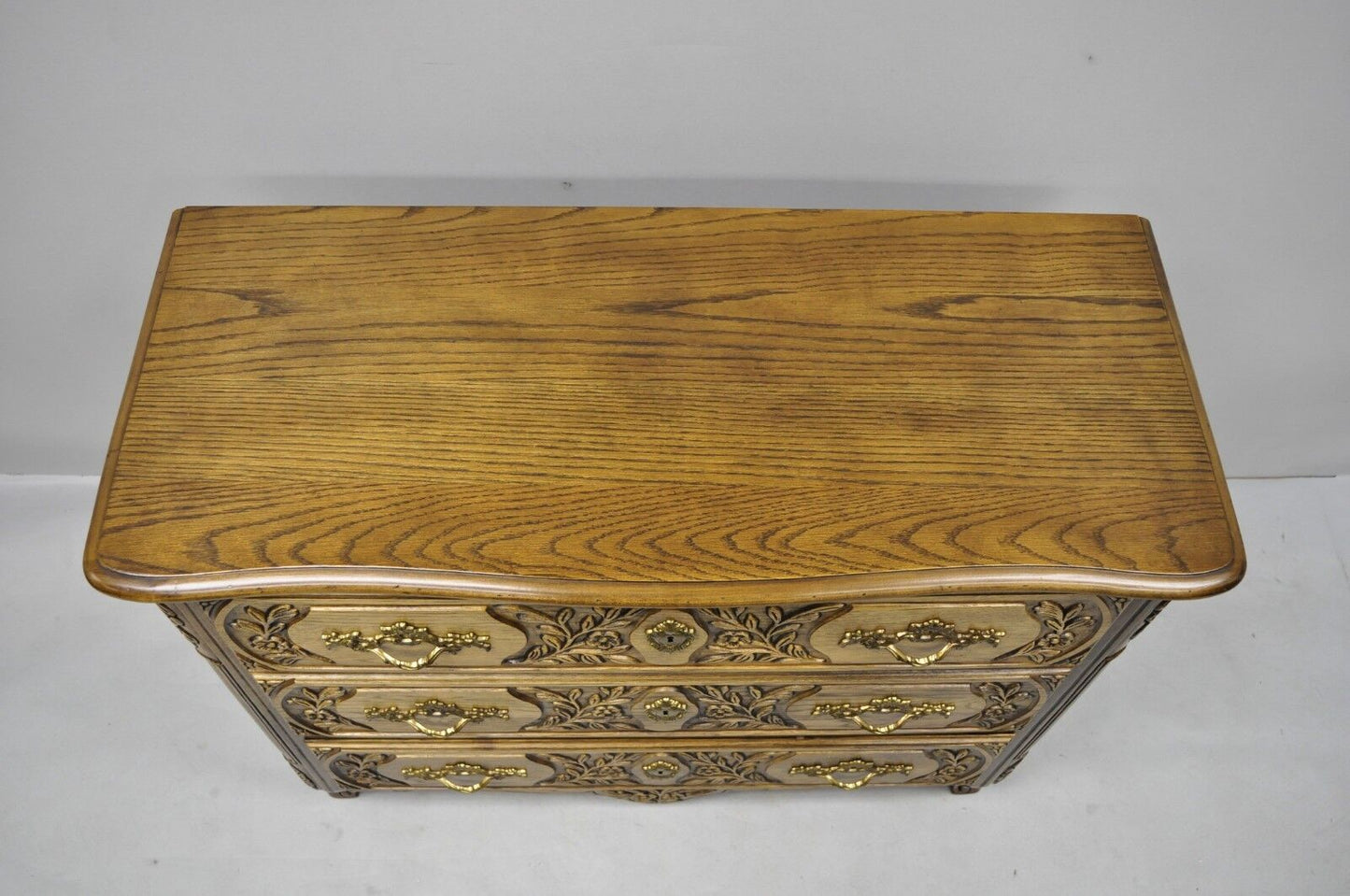 Baker French Country Provincial Style Carved Oak Wood Bachelor Chest of Drawers