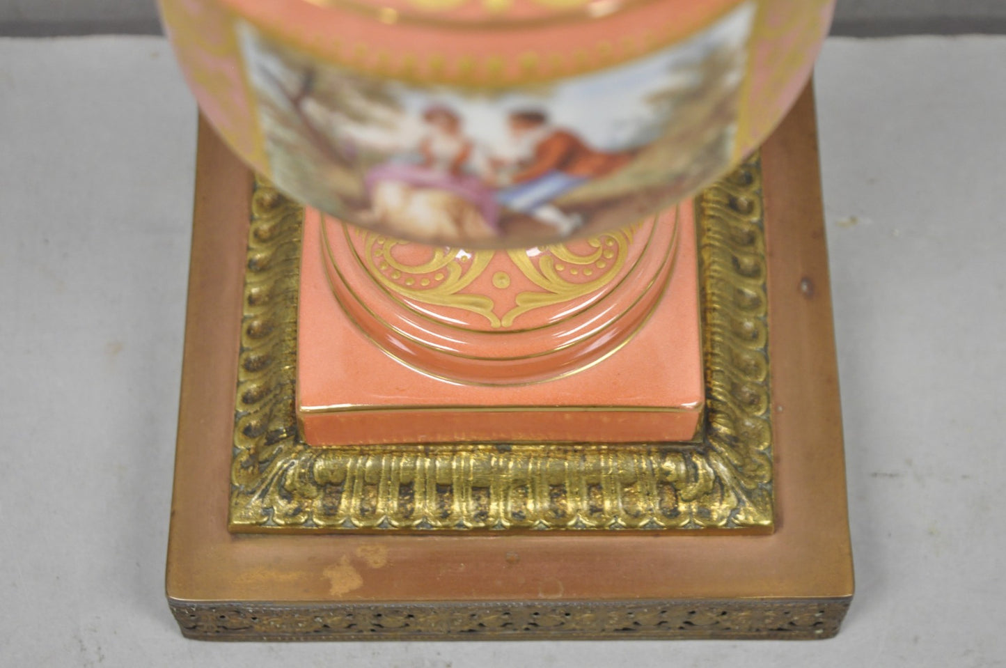 Antique French Victorian Salmon Coral Pink Porcelain Hand Painted Urn Table Lamp