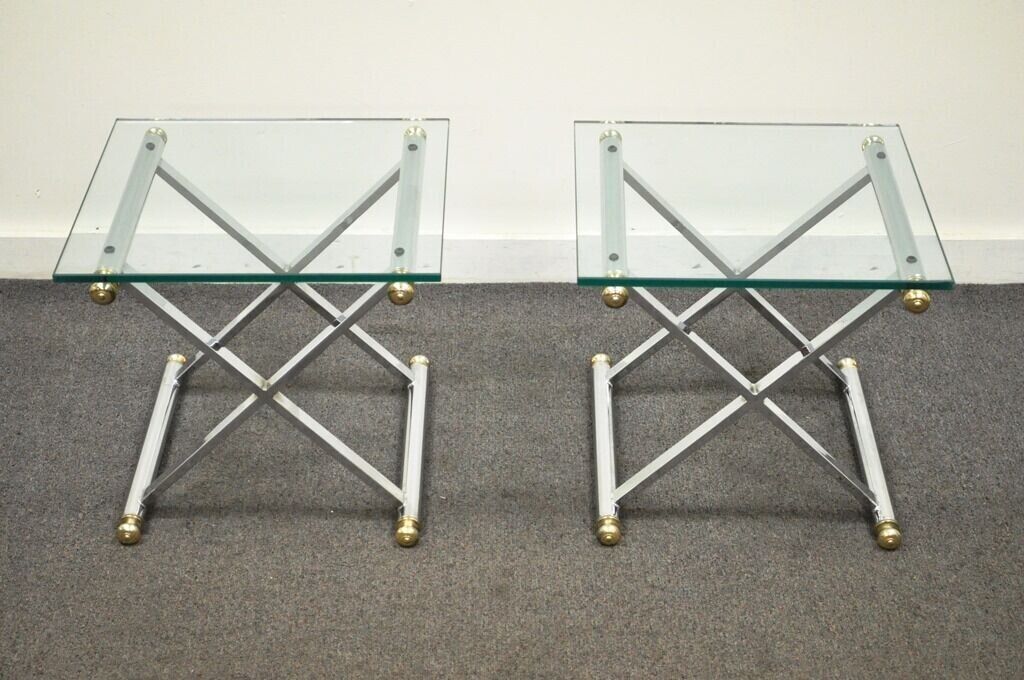 Mid Century Modern Hollywood Regency Chrome Brass Glass X Form Side Table - Pair