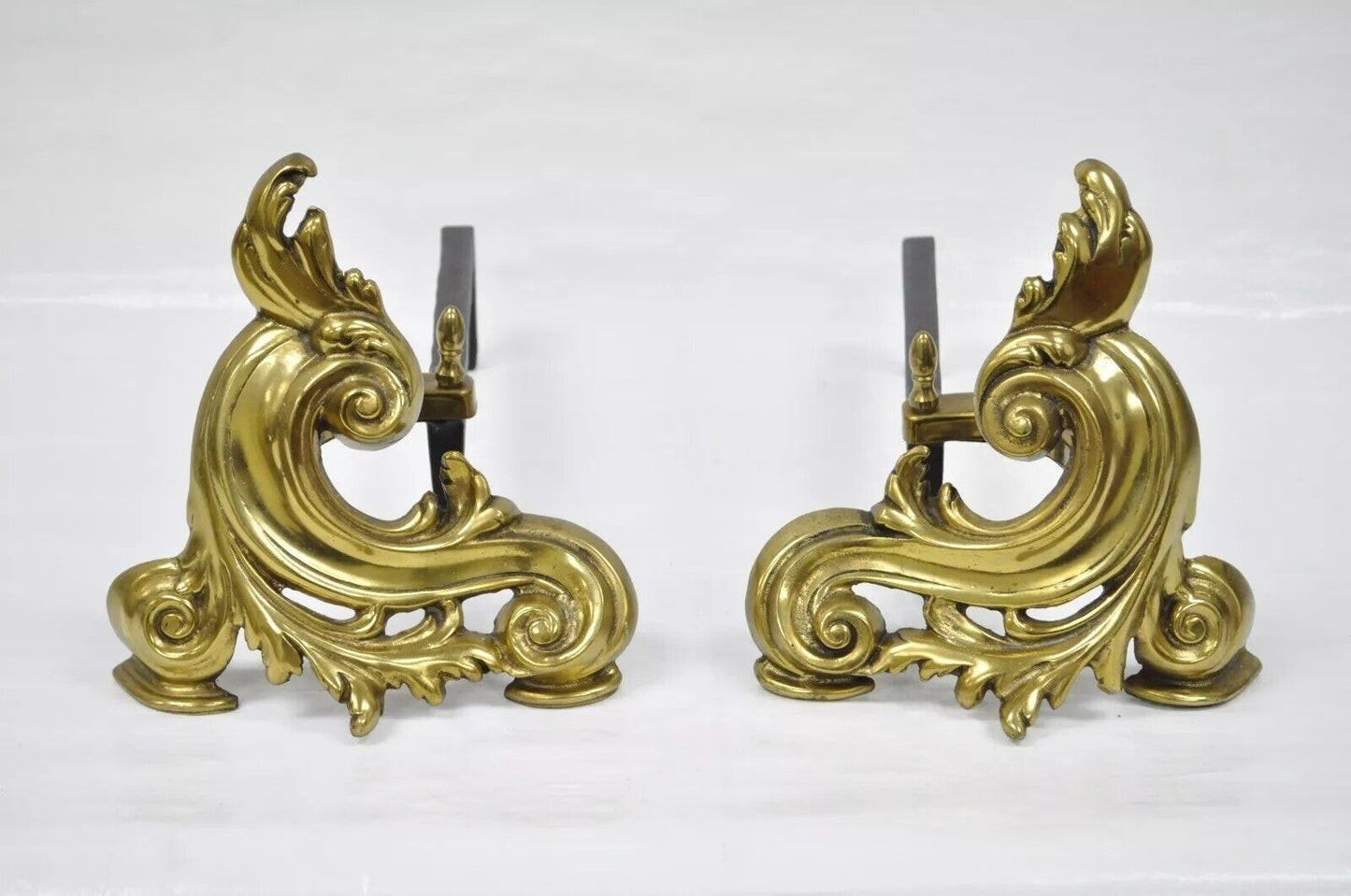 Antique French Rococo Style Small Bronze Acanthus Scroll Chenet Andirons - Pair