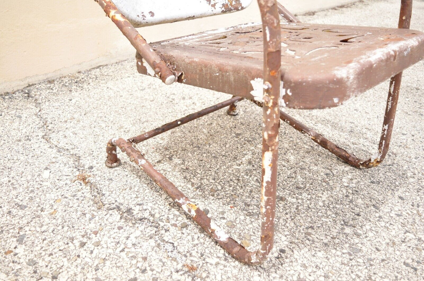 Antique Art Deco Basketweave Brown Distress Paint Bouncer Garden Lounge Chair