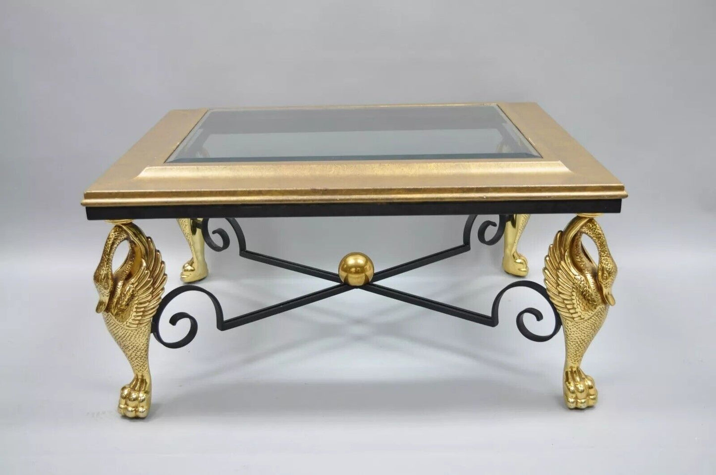 Regency Style Figural Swan Base Rectangular Iron and Glass Gold Coffee Table (A)