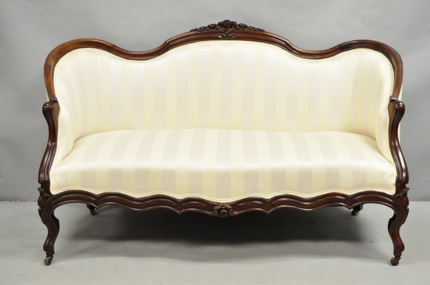 Antique Victorian French Rococo Carved Mahogany Upholstered Loveseat Parlor Sofa