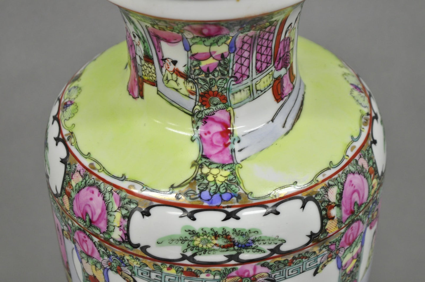 Vintage Chinese Porcelain Jardiniere Vase Hand Painted Green White Table Lamp
