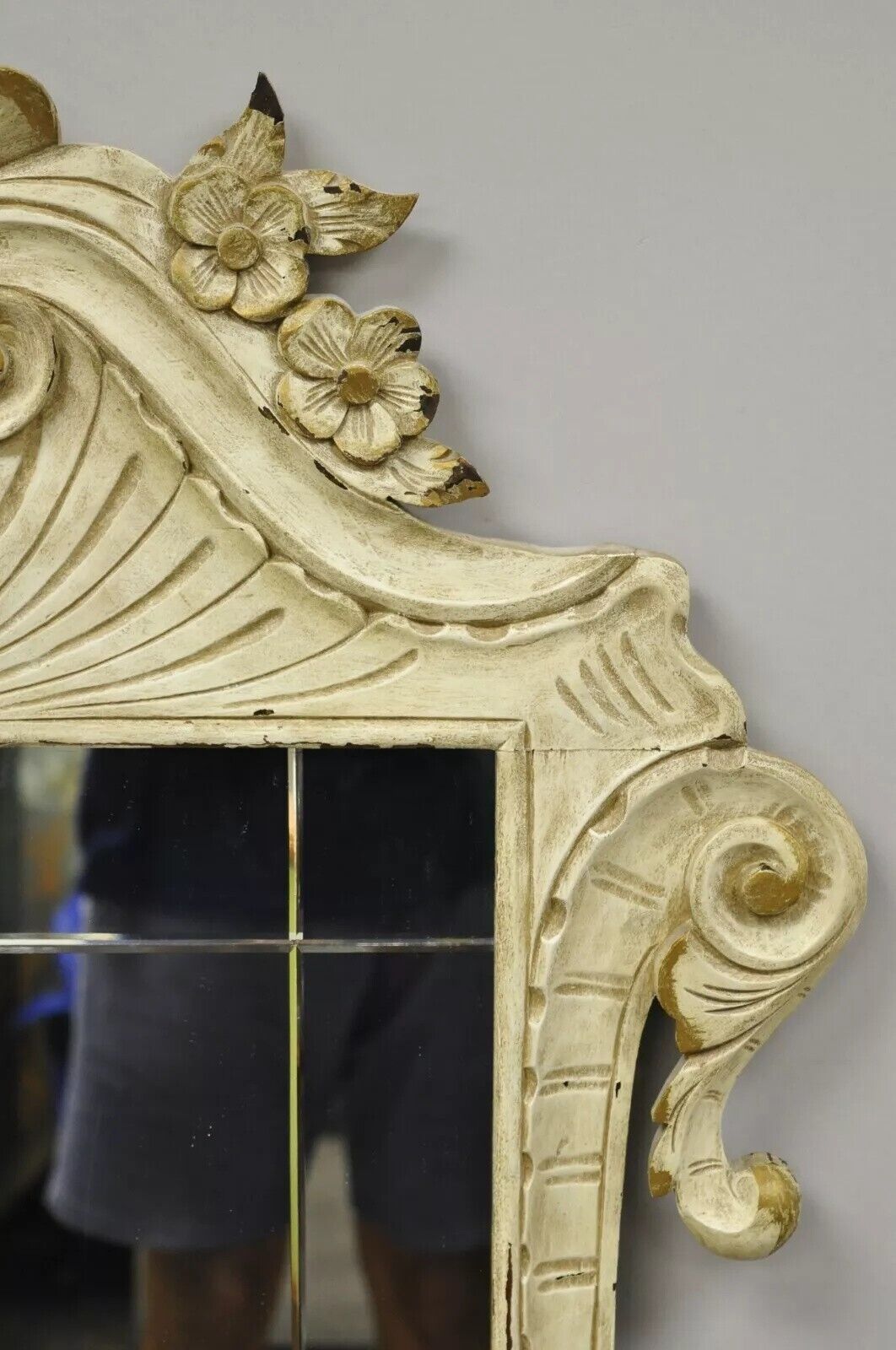 Antique Victorian White Shabby Distress Painted Chic Rose Carved Wall Mirror
