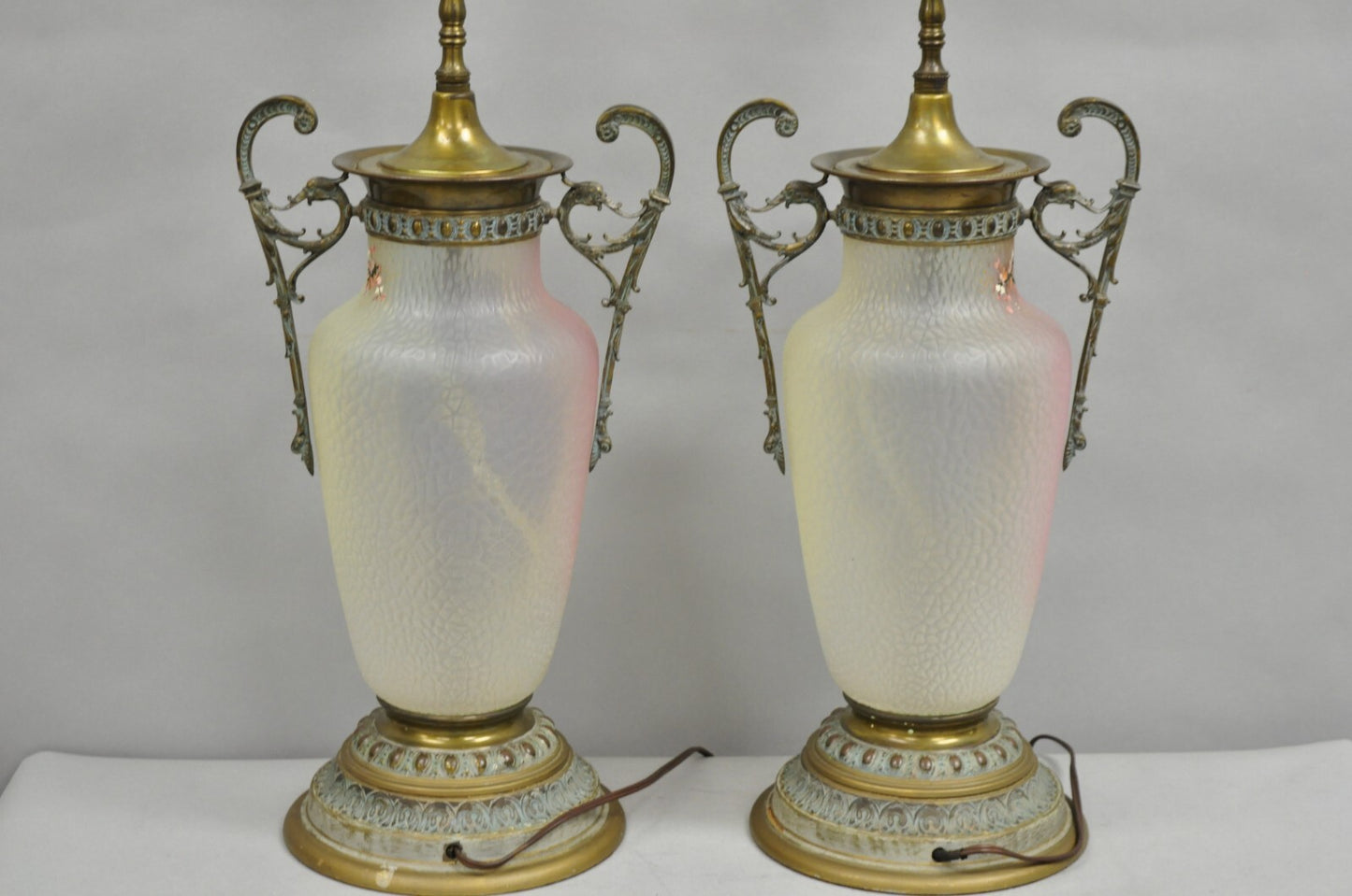 Antique English Victorian Rainbow Glass Hand Painted Birds Table Lamp - a Pair