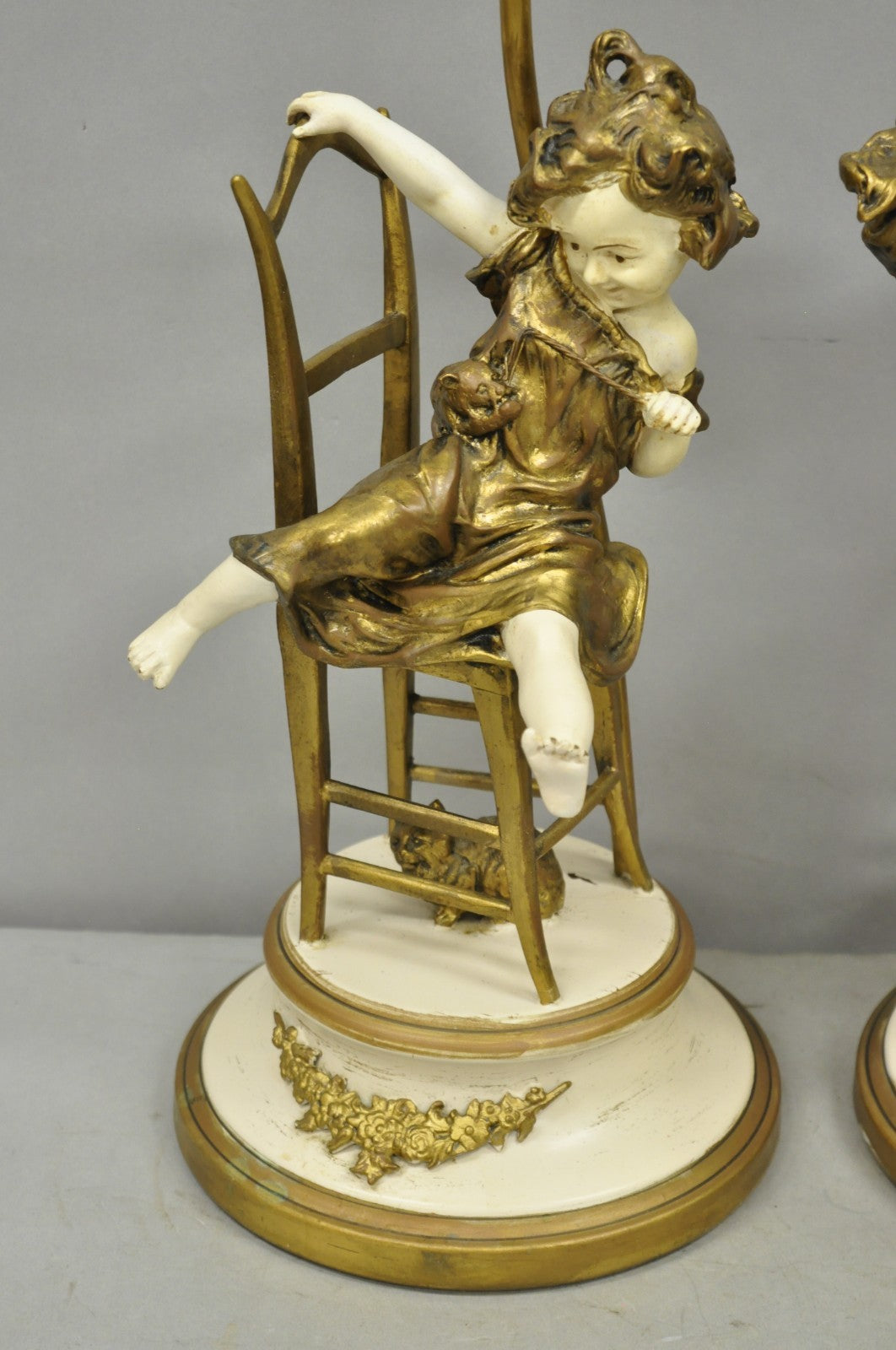 Juan Clara "Girl on Chair Playing with Kittens" Metal Figural Table Lamps - Pair