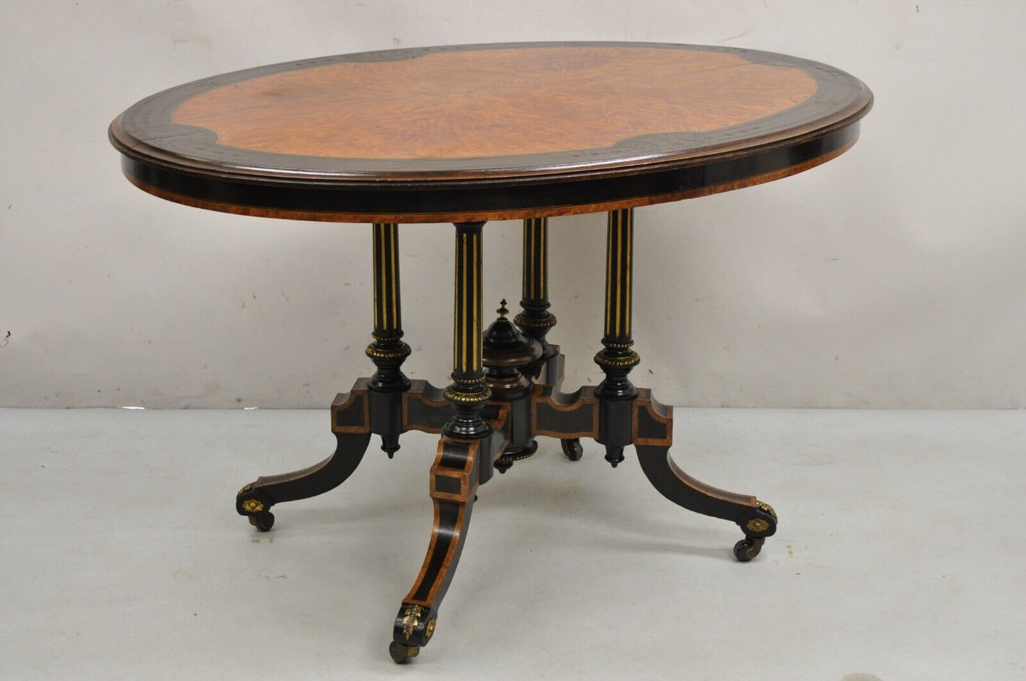 English Victorian Aesthetic Movement Ebony & Burr Walnut Oval Center Table