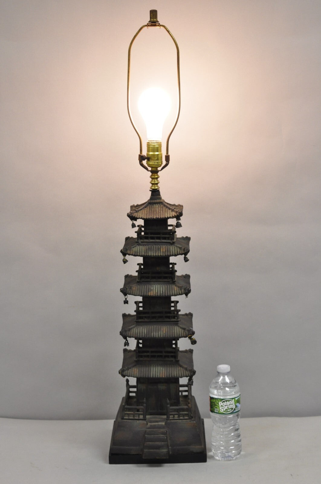Vintage Chinoiserie Cast Iron Chinese Buddhist Pagoda Temple Table Lamp