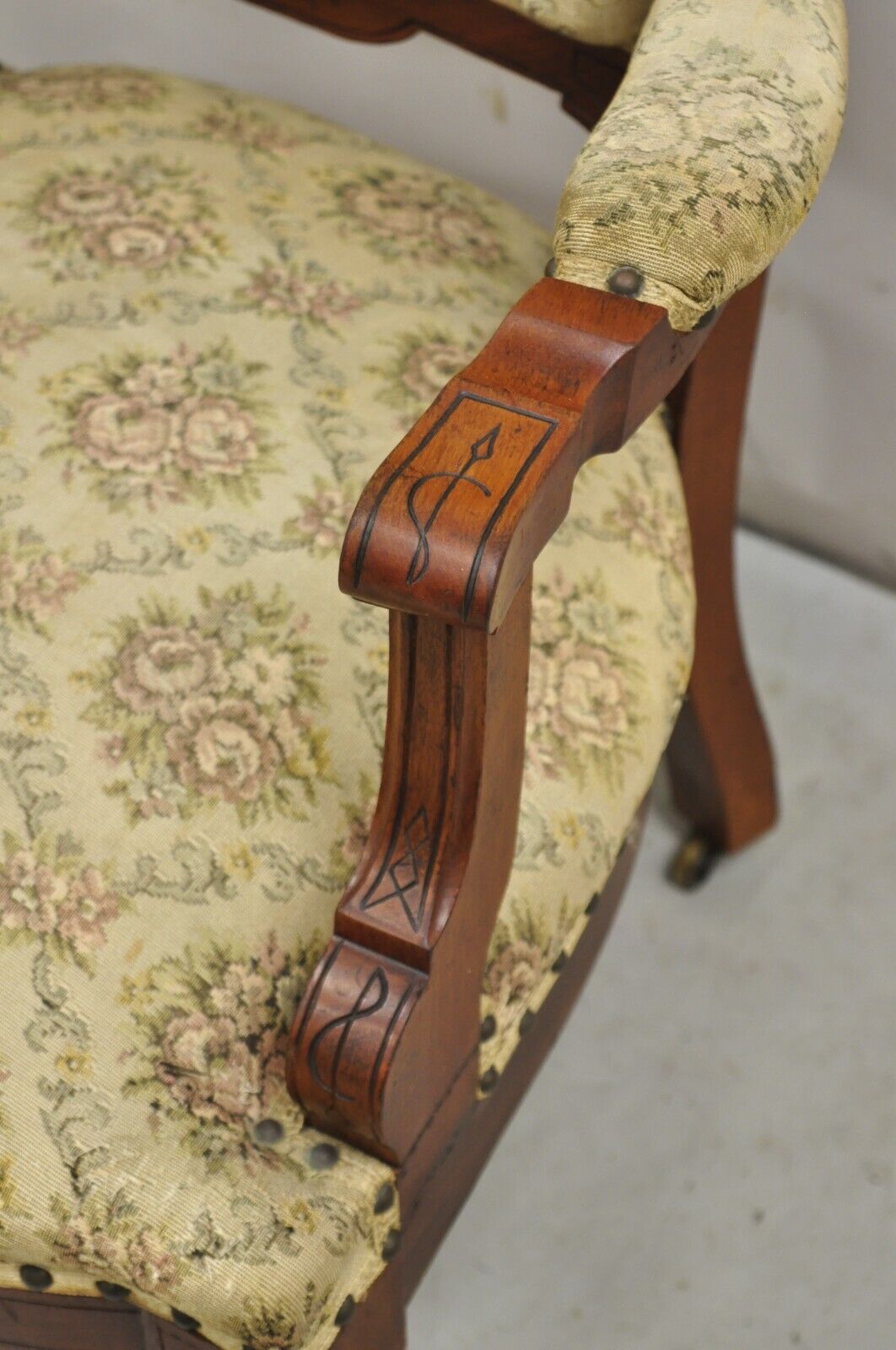 Antique Victorian Carved Walnut Tapestry Upholstered Parlor Lounge Arm Chair