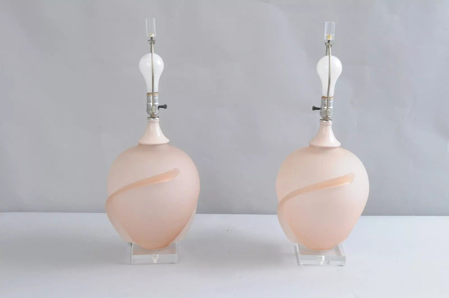 Hollywood Regency Pink Satin Frosted Glass Table Lamps w/ Lucite Base - a Pair